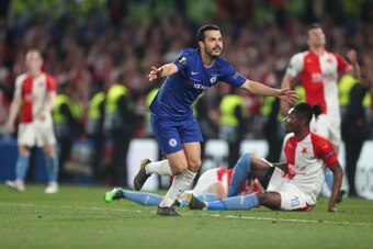 LONDON, ENGLAND - APRIL 18: Pedro of Chelsea celebrates after scoring a goal to make it 4-1 during the UEFA Europa League Quarter Final Second Leg match between Chelsea and Slavia Praha at Stamford Bridge on April 18, 2019 in London, England. (Photo by Ja
