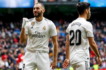 MADRID, SPAIN - APRIL 21: Karim Benzema of Real Madrid celebrates goal 1-0 during the La Liga Santander  match between Real Madrid v Athletic de Bilbao at the Santiago Bernabeu on April 21, 2019 in Madrid Spain (Photo by David S. Bustamante/Soccrates/Gett