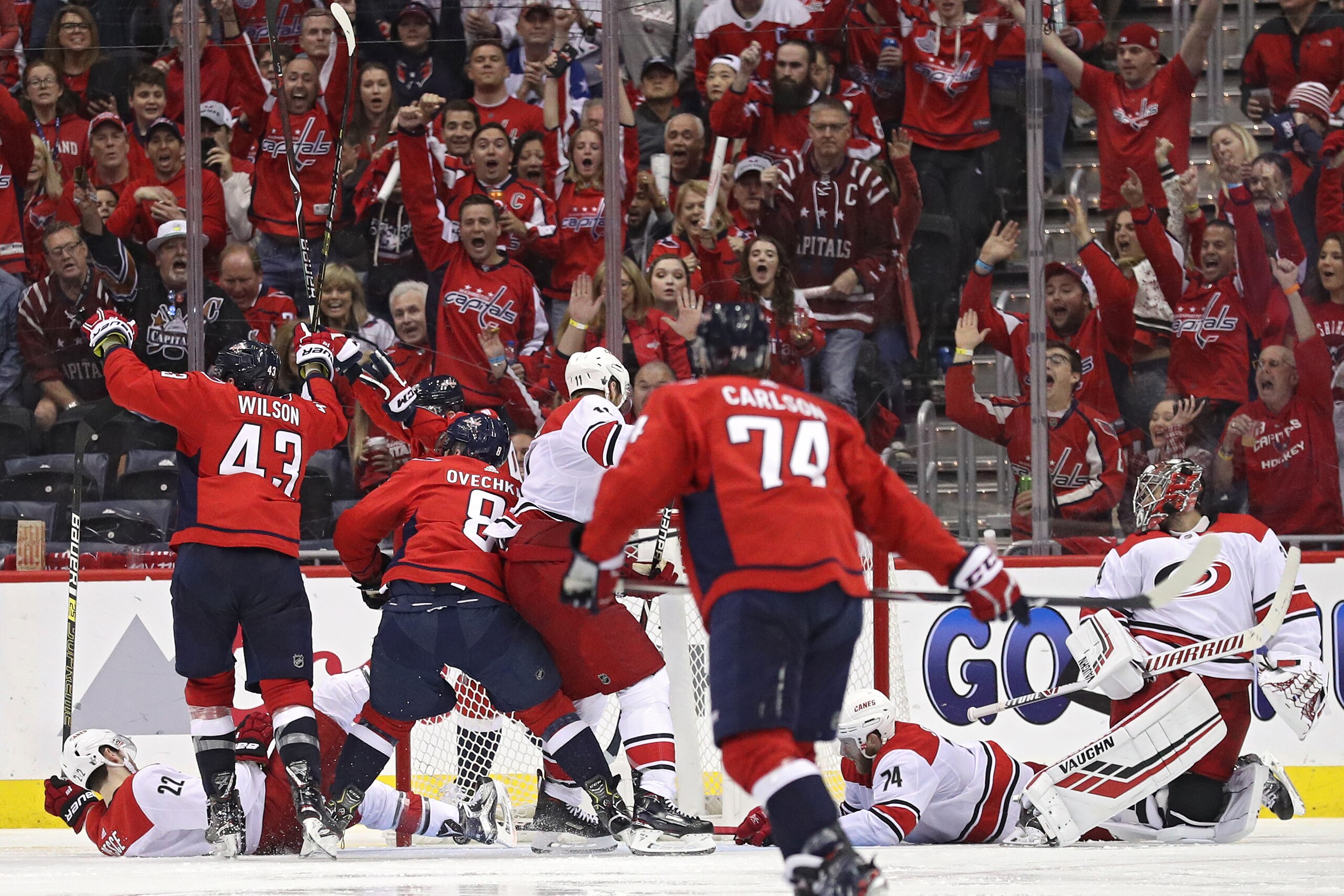WASHINGTON, DC - APRIL 20: Tom Wilson #43 of the Washington Capitals celebrates his goal against the Carolina Hurricanes in the third period in Game Five of the Eastern Conference First Round during the 2019 NHL Stanley Cup Playoffs at Capital One Arena o WASHINGTON, DC - APRIL 20: Tom Wilson #43 of the Washington Capitals celebrates his goal against the Carolina Hurricanes in the third period in Game Five of the Eastern Conference First Round during the 2019 NHL Stanley Cup Playoffs at Capital One Arena o