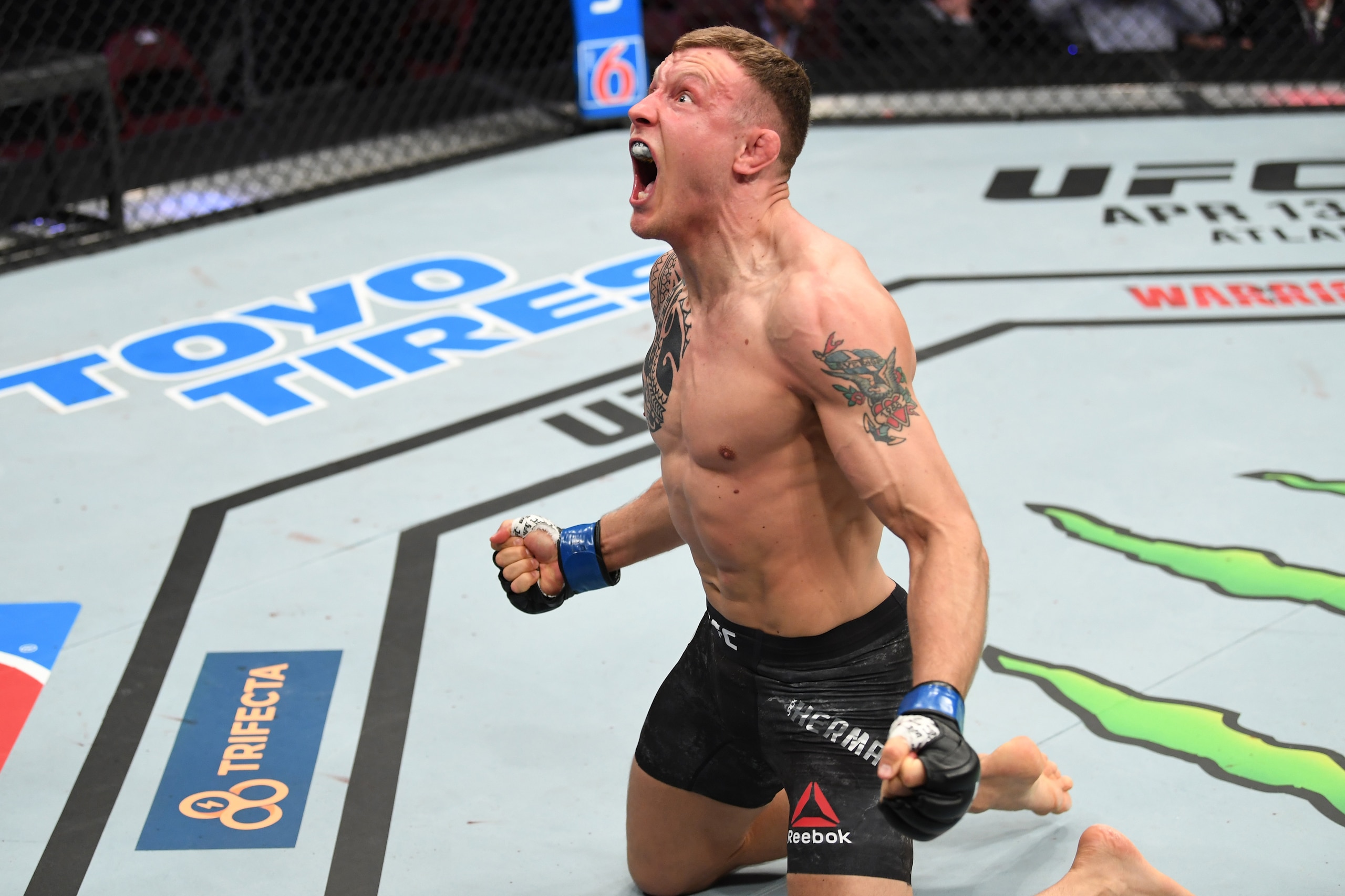 PHILADELPHIA, PA - MARCH 30:  Jack Hermansson of Norway reacts after submitting David Branch in their middleweight bout during the UFC Fight Night event at Wells Fargo Center on March 30, 2019 in Philadelphia, Pennsylvania. (Photo by Josh Hedges/Zuffa LLC