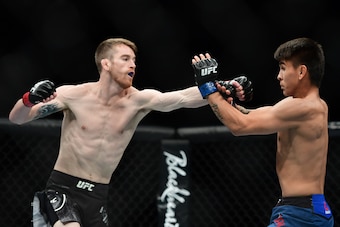 NEW YORK, NEW YORK - JANUARY 19: Cory Sandhagen (left) fights against Mario Bautista during their bantamweights fight at UFC Fight Night at Barclays Center on January 19, 2019 in New York City. (Photo by Sarah Stier/Getty Images)