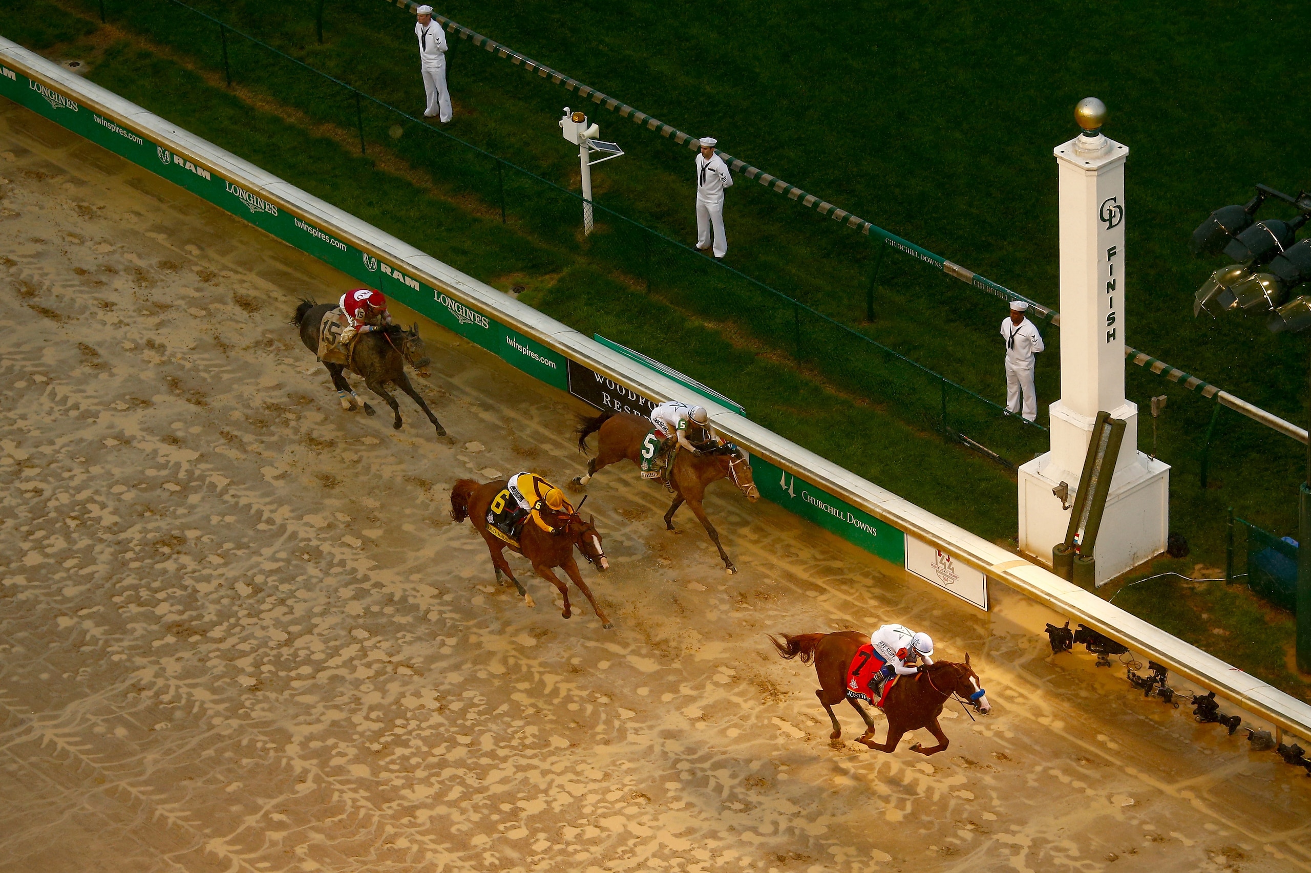 LOUISVILLE, KY - MAY 05:  Justify #7, ridden by jockey Mike Smith crosses the finish line to win the 144th running of the Kentucky Derby at Churchill Downs on May 5, 2018 in Louisville, Kentucky.  (Photo by Jamie Squire/Getty Images)
