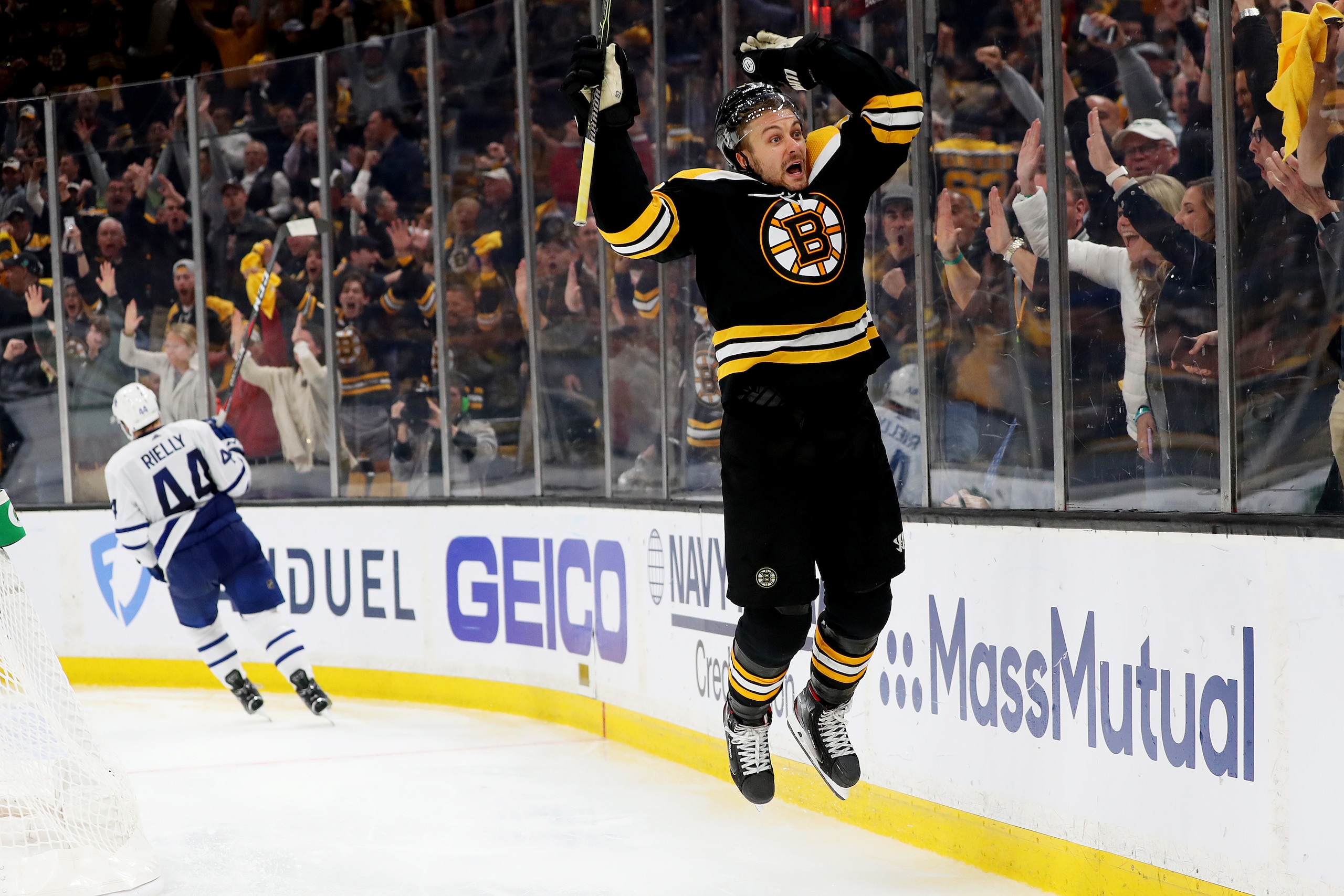 BOSTON, MASSACHUSETTS - APRIL 23: Sean Kuraly #52 of the Boston Bruins celebrates after scoring a goal against the Toronto Maple Leafs during the third period of Game Seven of the Eastern Conference First Round during the 2019 NHL Stanley Cup Playoffs at 