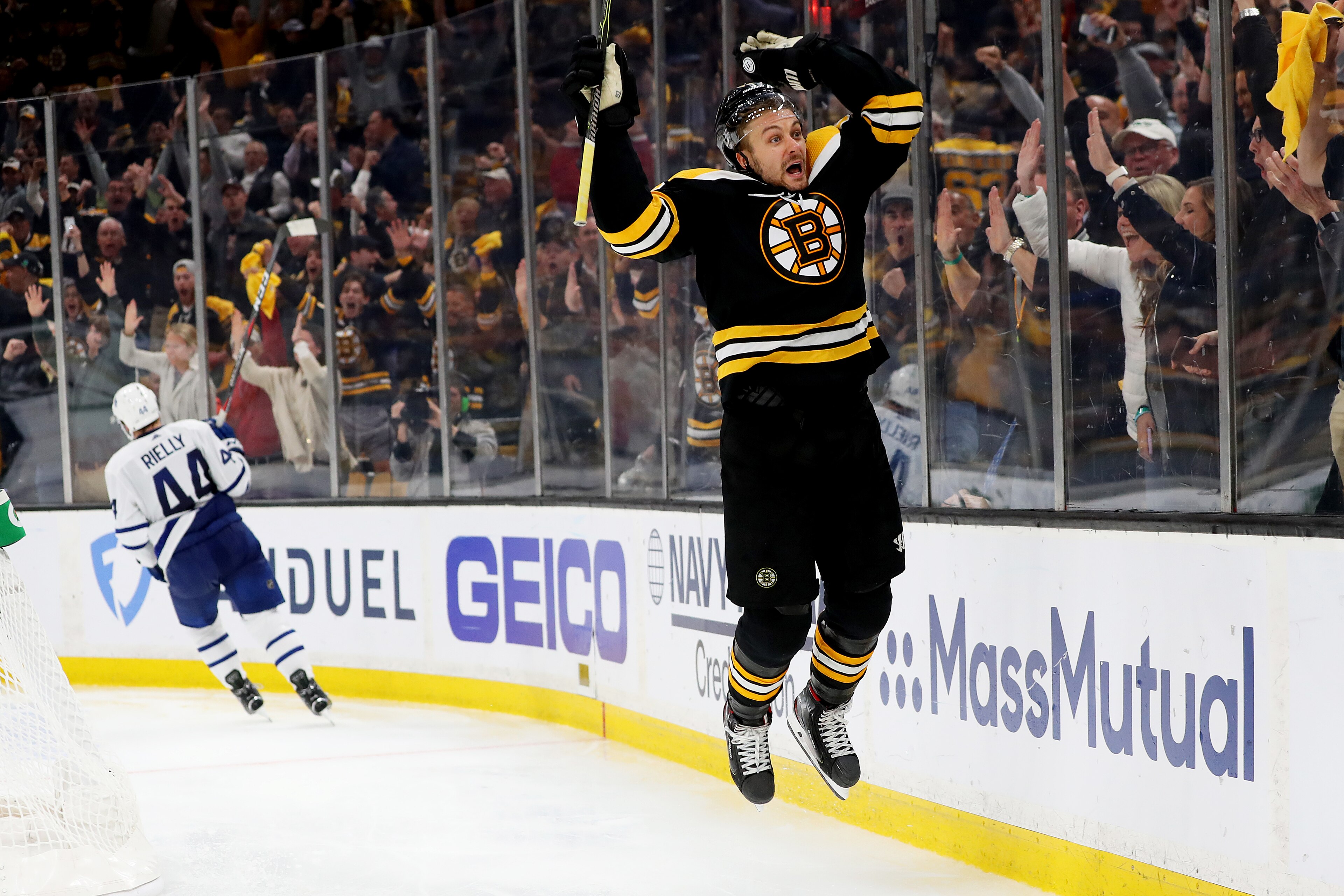BOSTON, MASSACHUSETTS - APRIL 23: Sean Kuraly #52 of the Boston Bruins celebrates after scoring a goal against the Toronto Maple Leafs during the third period of Game Seven of the Eastern Conference First Round during the 2019 NHL Stanley Cup Playoffs at 
