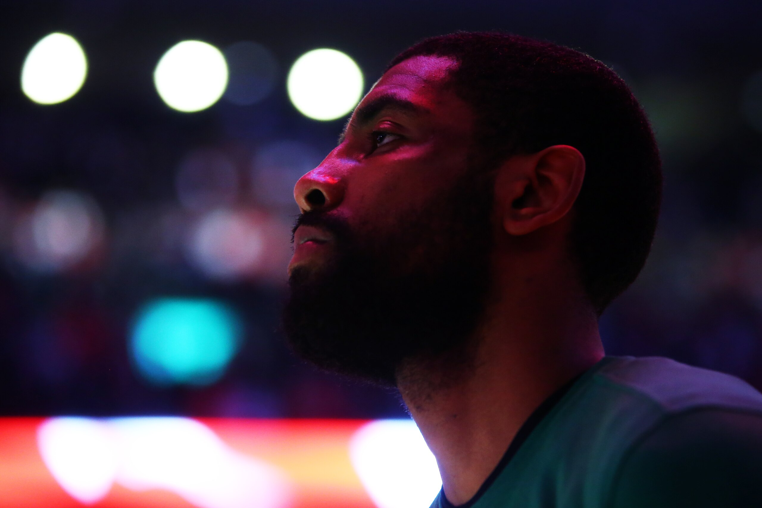 TORONTO, ON - FEBRUARY 26:  Kyrie Irving #11 of the Boston Celtics listens to the anthems, prior to an NBA game against the Toronto Raptors at Scotiabank Arena on February 26, 2019 in Toronto, Canada.  NOTE TO USER: User expressly acknowledges and agrees 