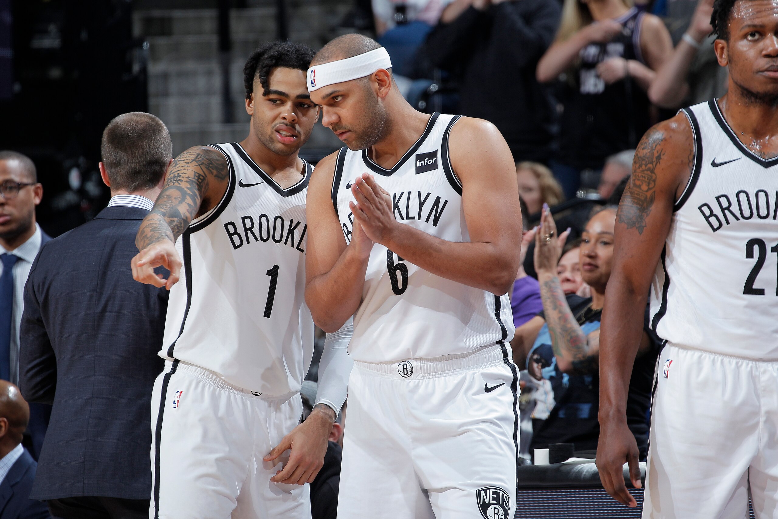 SACRAMENTO, CA - MARCH 19: D'Angelo Russell #1 and Jared Dudley #6 fo the Brooklyn Nets talk during the game against the Sacramento Kings on March 19, 2019 at Golden 1 Center in Sacramento, California. NOTE TO USER: User expressly acknowledges and agrees 