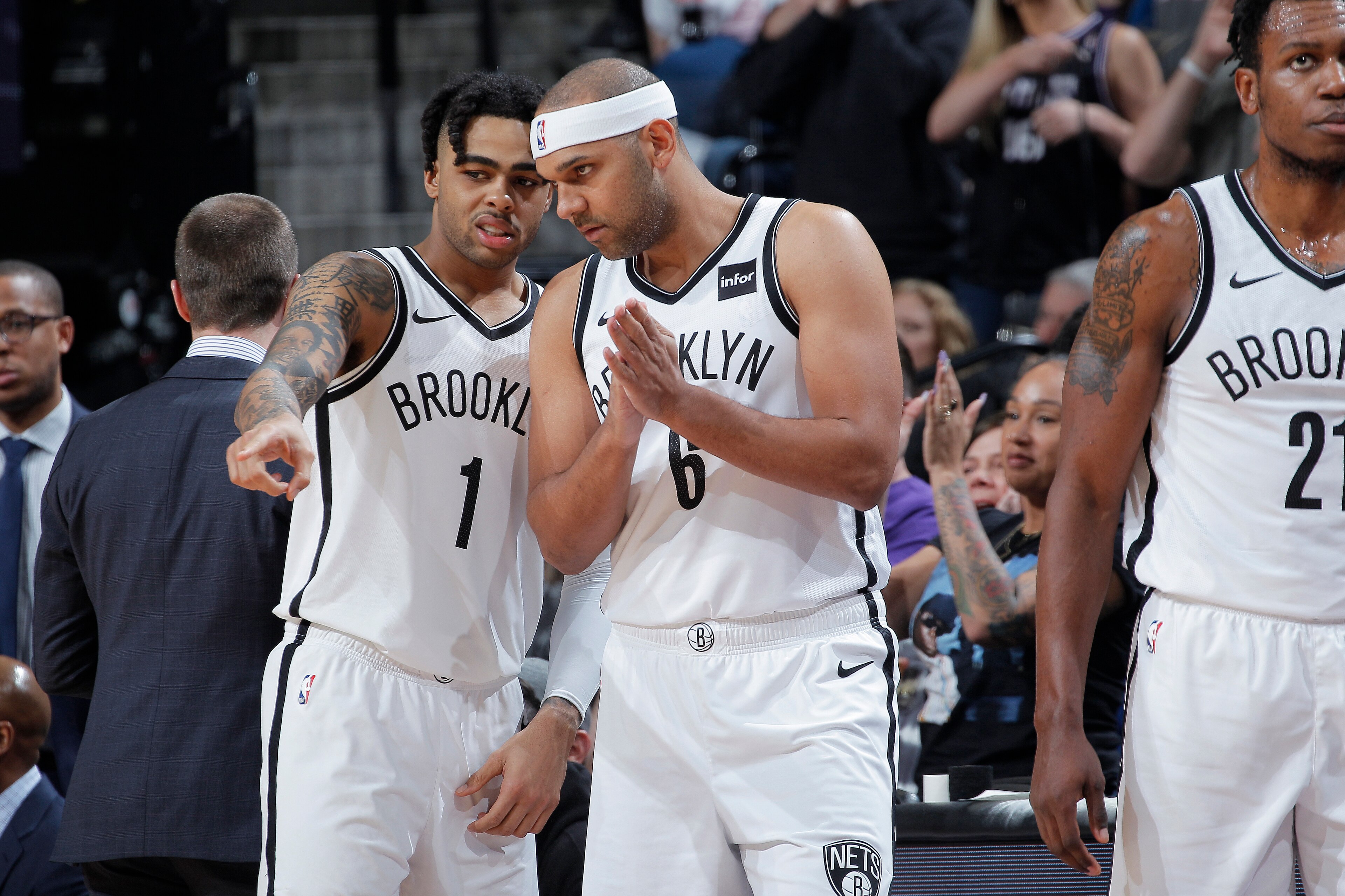 SACRAMENTO, CA - MARCH 19: D'Angelo Russell #1 and Jared Dudley #6 fo the Brooklyn Nets talk during the game against the Sacramento Kings on March 19, 2019 at Golden 1 Center in Sacramento, California. NOTE TO USER: User expressly acknowledges and agrees SACRAMENTO, CA - MARCH 19: D'Angelo Russell #1 and Jared Dudley #6 fo the Brooklyn Nets talk during the game against the Sacramento Kings on March 19, 2019 at Golden 1 Center in Sacramento, California. NOTE TO USER: User expressly acknowledges and agrees