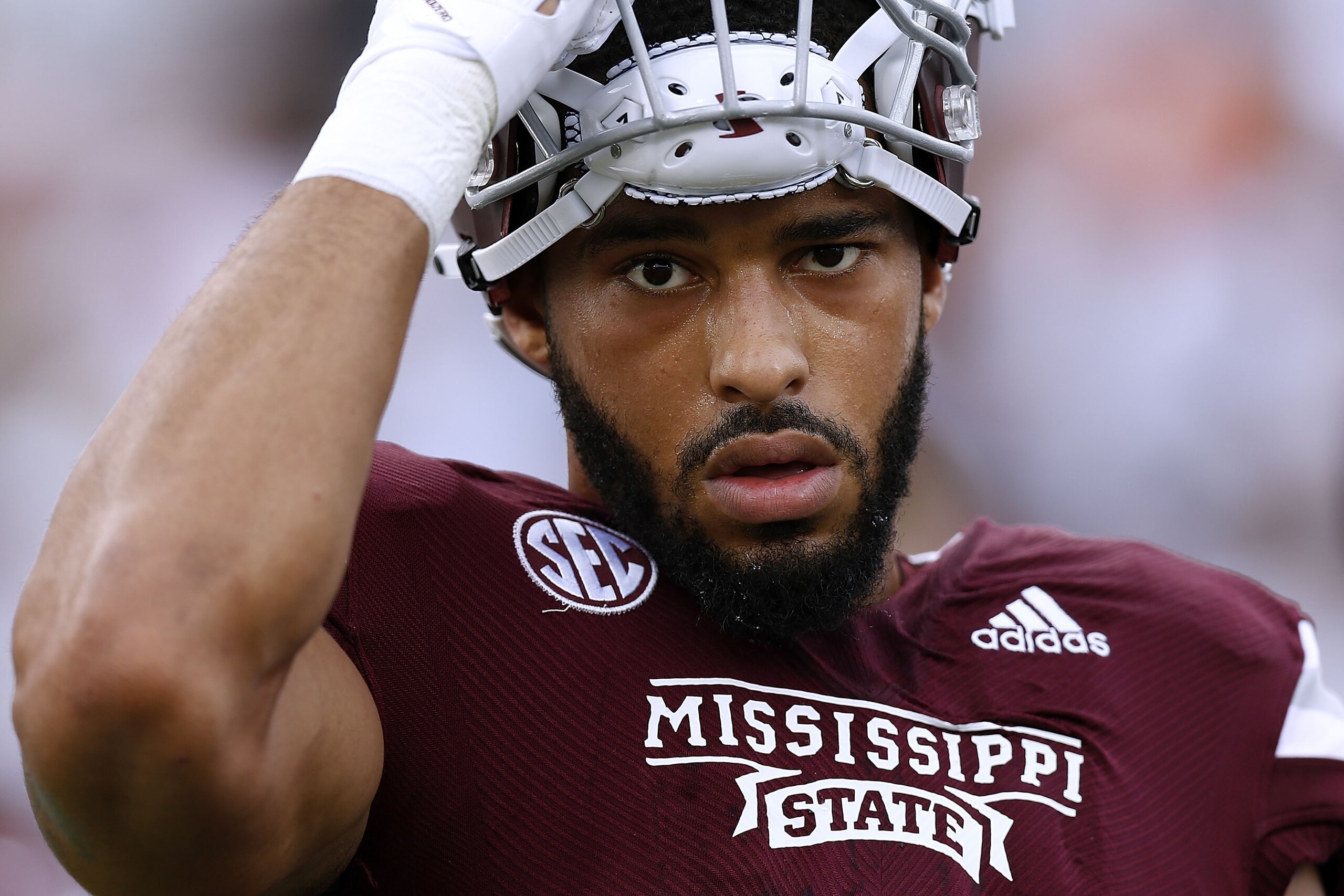 STARKVILLE, MS - SEPTEMBER 29:  Montez Sweat #9 of the Mississippi State Bulldogs reacts during a game against the Florida Gators at Davis Wade Stadium on September 29, 2018 in Starkville, Mississippi.  (Photo by Jonathan Bachman/Getty Images)