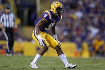 BATON ROUGE, LA - SEPTEMBER 22:  Grant Delpit #9 of the LSU Tigers defends during a game against the Louisiana Tech Bulldogs at Tiger Stadium on September 22, 2018 in Baton Rouge, Louisiana.  (Photo by Jonathan Bachman/Getty Images)