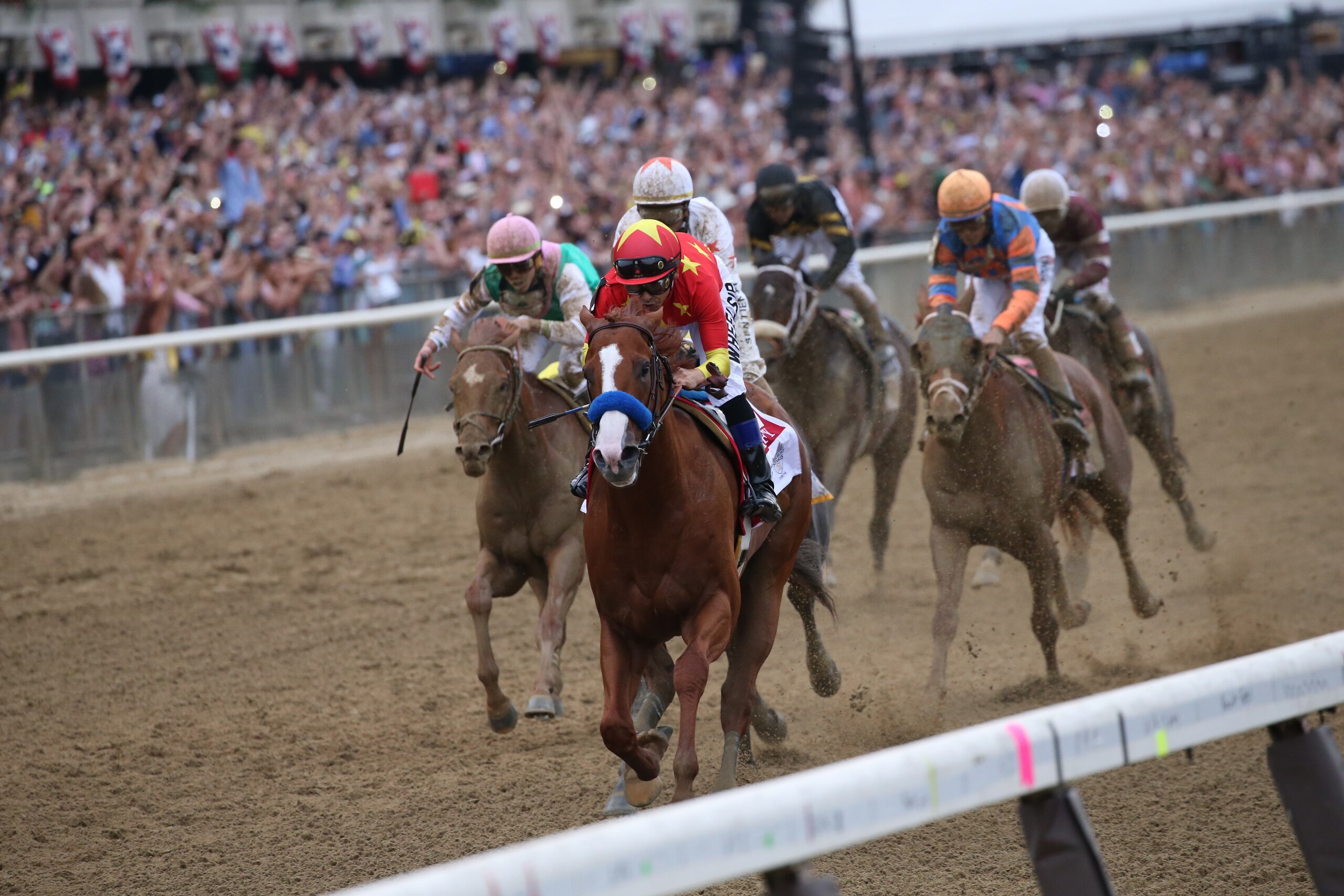 ELMONT, NEW YORK- JUNE 09: Justify with Mike Smith up wins the Belmont Stakes and Triple Crown for trainer Bob Baffert at Belmont Park Racetrack on June 09, 2018 in Elmont, New York (Photo by Horsephotos/Getty Images)