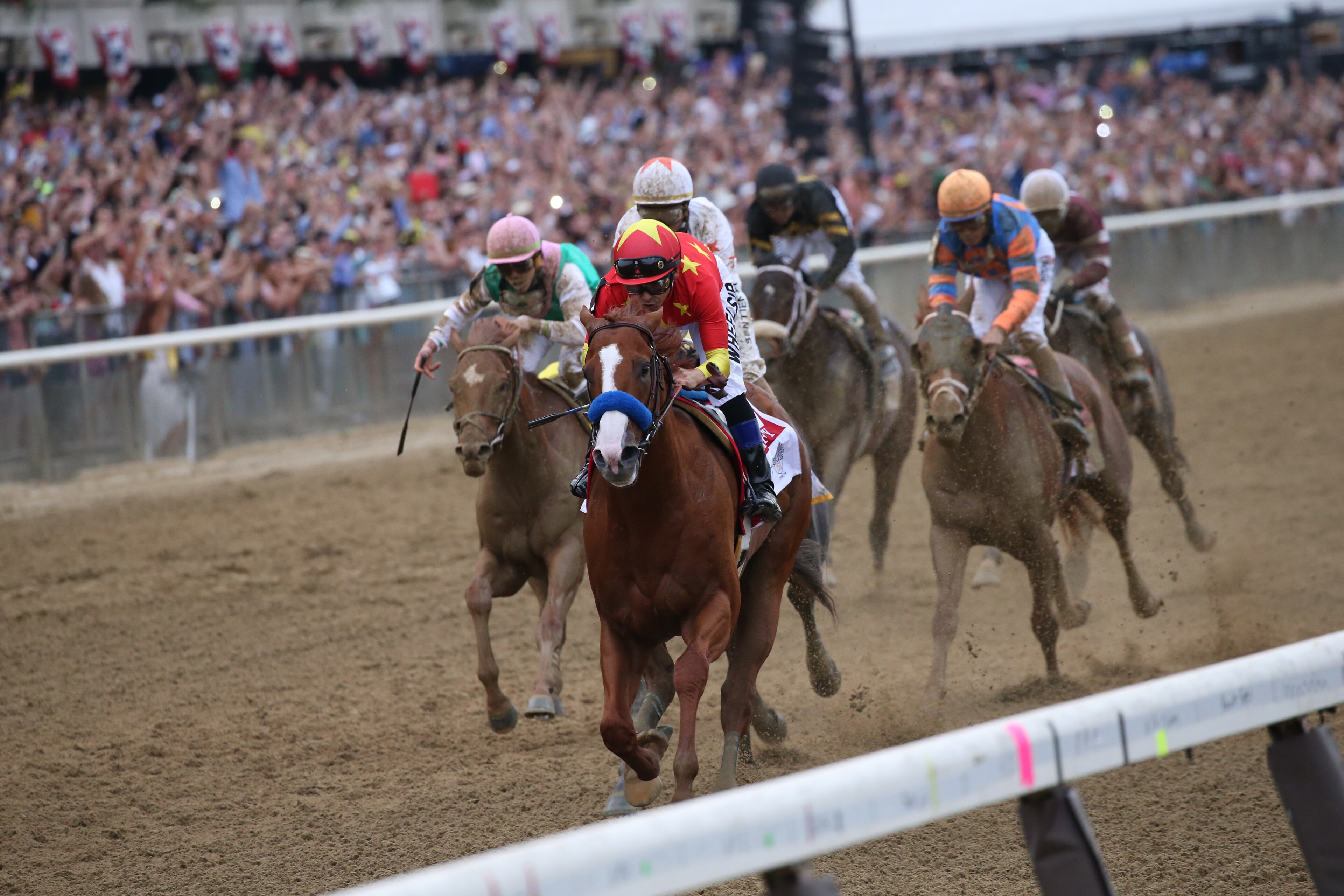 ELMONT, NEW YORK- JUNE 09: Justify with Mike Smith up wins the Belmont Stakes and Triple Crown for trainer Bob Baffert at Belmont Park Racetrack on June 09, 2018 in Elmont, New York (Photo by Horsephotos/Getty Images)