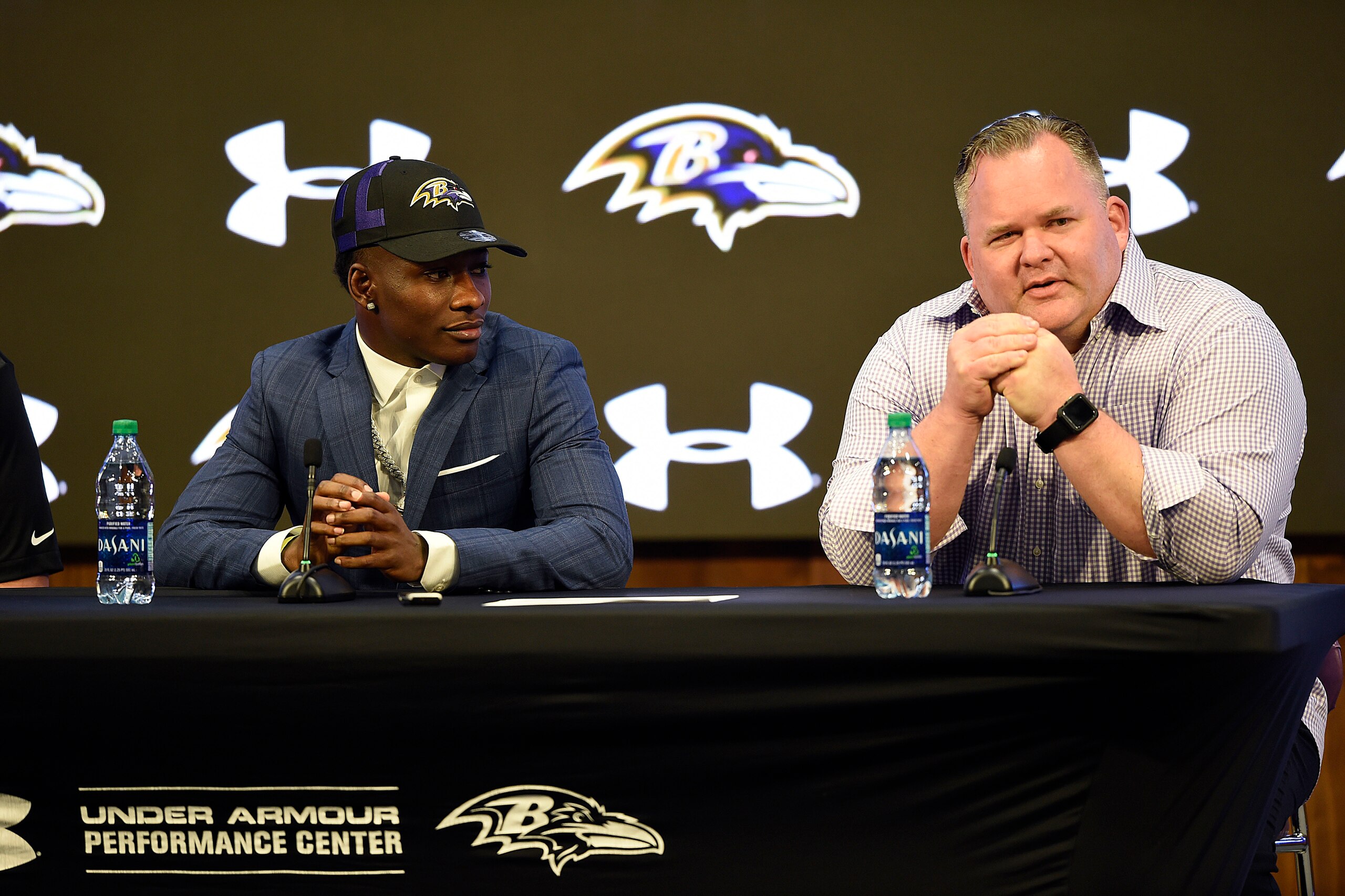 Baltimore Ravens wide receiver Marquise Brown with offensive coordinator Greg Roman.