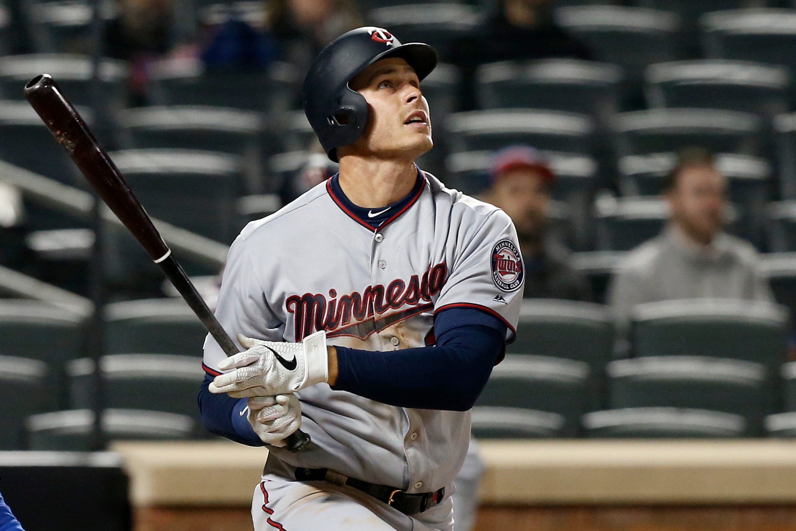 NEW YORK, NEW YORK - APRIL 09:  Max Kepler #26 of the Minnesota Twins in action against the New York Mets at Citi Field on April 09, 2019 in the Flushing neighborhood of the Queens borough of New York City. The Twins defeated the Mets 14-8. (Photo by Jim 