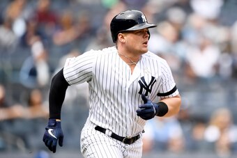 NEW YORK, NEW YORK - APRIL 21: Luke Voit #45 of the New York Yankees runs to first base during the first inning of the game against the Kansas City Royals at Yankee Stadium on April 21, 2019 in the Bronx borough of New York City. (Photo by Sarah Stier/Get