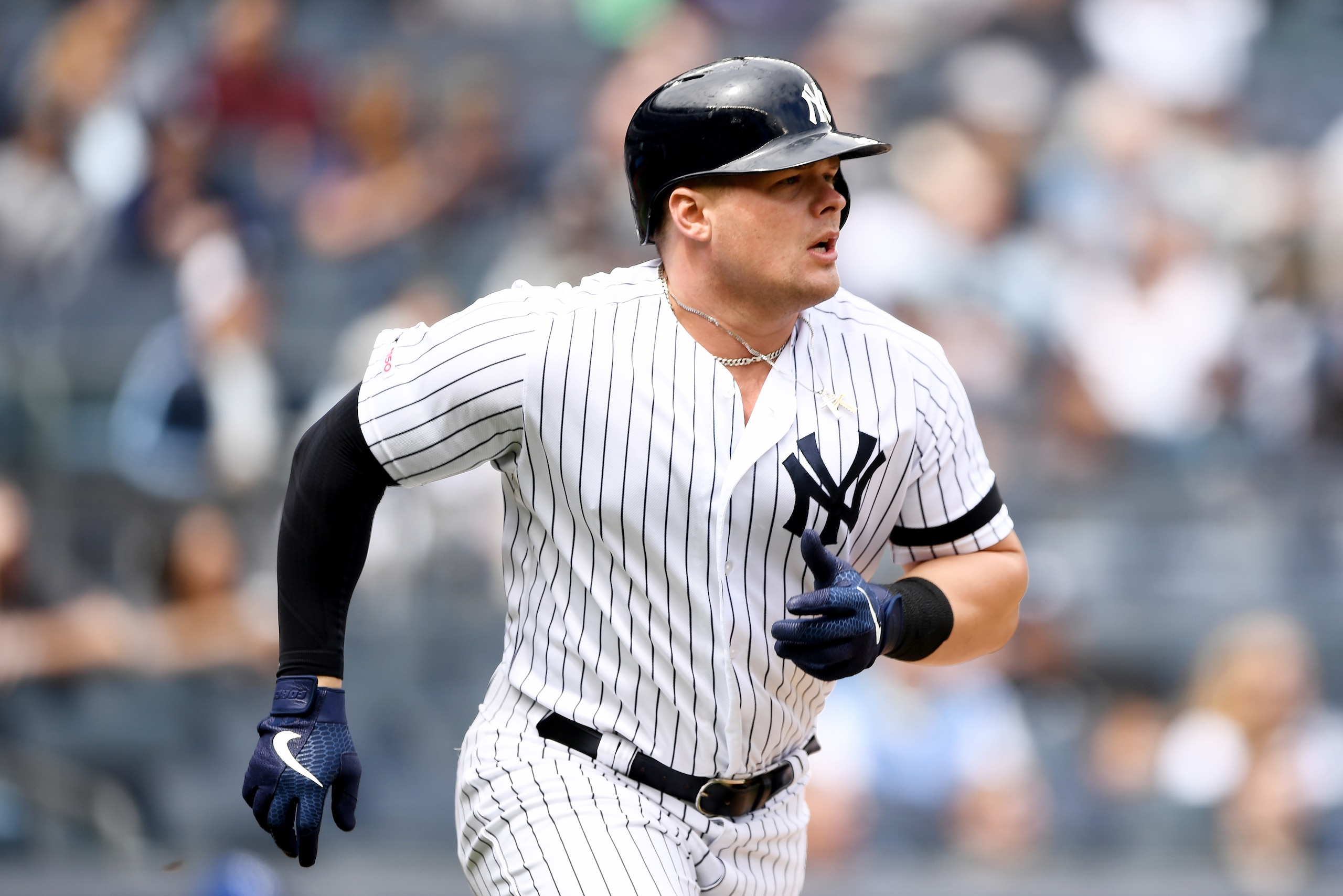 NEW YORK, NEW YORK - APRIL 21: Luke Voit #45 of the New York Yankees runs to first base during the first inning of the game against the Kansas City Royals at Yankee Stadium on April 21, 2019 in the Bronx borough of New York City. (Photo by Sarah Stier/Get