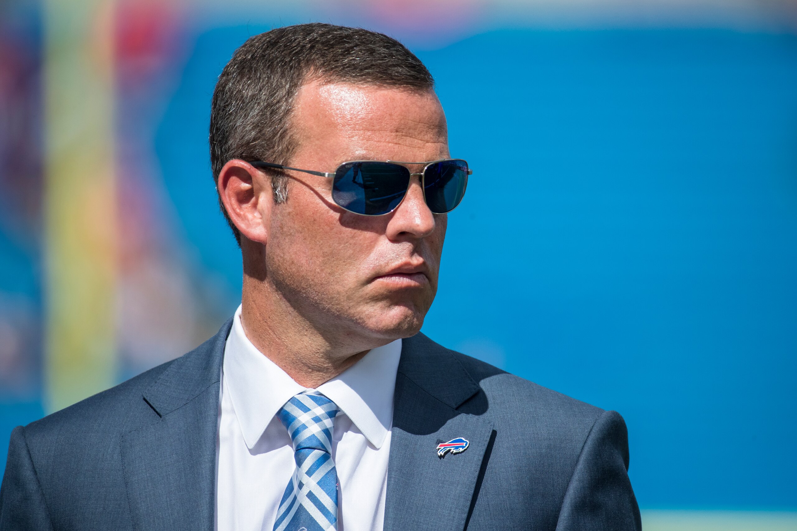 ORCHARD PARK, NY - SEPTEMBER 16: Buffalo Bills general manager Brandon Beane watches warm ups before the game against the Los Angeles Chargers at New Era Field on September 16, 2018 in Orchard Park, New York. Los Angeles defeats Buffalo 31-20. (Photo by ORCHARD PARK, NY - SEPTEMBER 16: Buffalo Bills general manager Brandon Beane watches warm ups before the game against the Los Angeles Chargers at New Era Field on September 16, 2018 in Orchard Park, New York. Los Angeles defeats Buffalo 31-20. (Photo by