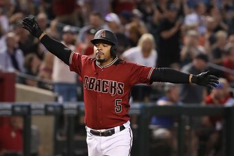 PHOENIX, ARIZONA - APRIL 28:  Eduardo Escobar #5 of the Arizona Diamondbacks celebrates after hitting a solo home run against the Chicago Cubs during the fourth inning of the MLB game at Chase Field on April 28, 2019 in Phoenix, Arizona. (Photo by Christi