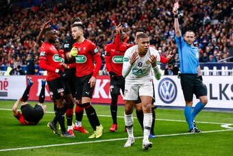 PARIS, FRANCE - APRIL 27: Kylian Mbappe #7 of Paris Saint-Germain gets a red card after fouling on Damien Da Silva #3 of Stade Rennais FC during the Coupe de France Final match between Stade Rennais and Paris Saint-Germain at Stade de France on April 27, 