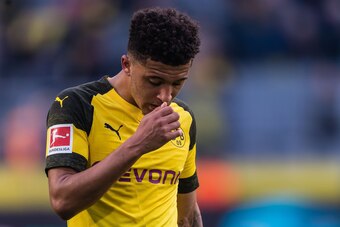 Jadon Sancho of Borussia Dortmund DFL regulations prohibit any use of photographs as image sequences and/or quasi-video. during the Bundesliga match between Borussia Dortmund and FC Schalke 04 at the Signal Iduna Park stadium on April 27, 2019  in Dortmun