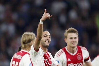 (L-R) Kasper Dolberg of Ajax, Hakim Ziyech of Ajax, Matthijs de Ligt of Ajax during the Dutch Eredivisie match between Ajax Amsterdam and Vitesse Arnhem at the Johan Cruijff Arena on April 23, 2019 in Amsterdam, The Netherlands(Photo by VI Images via Gett