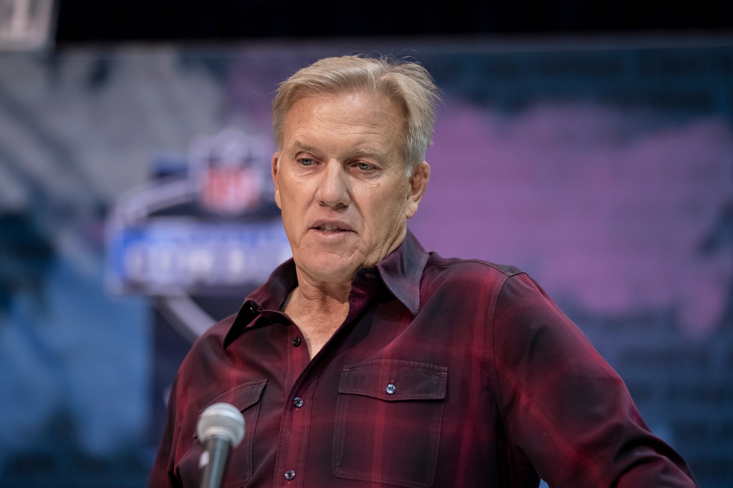 INDIANAPOLIS, IN - FEBRUARY 27: John Elway general manager of the Denver Broncos is seen at the 2019 NFL Combine at Lucas Oil Stadium on February 28, 2019 in Indianapolis, Indiana. (Photo by Michael Hickey/Getty Images)