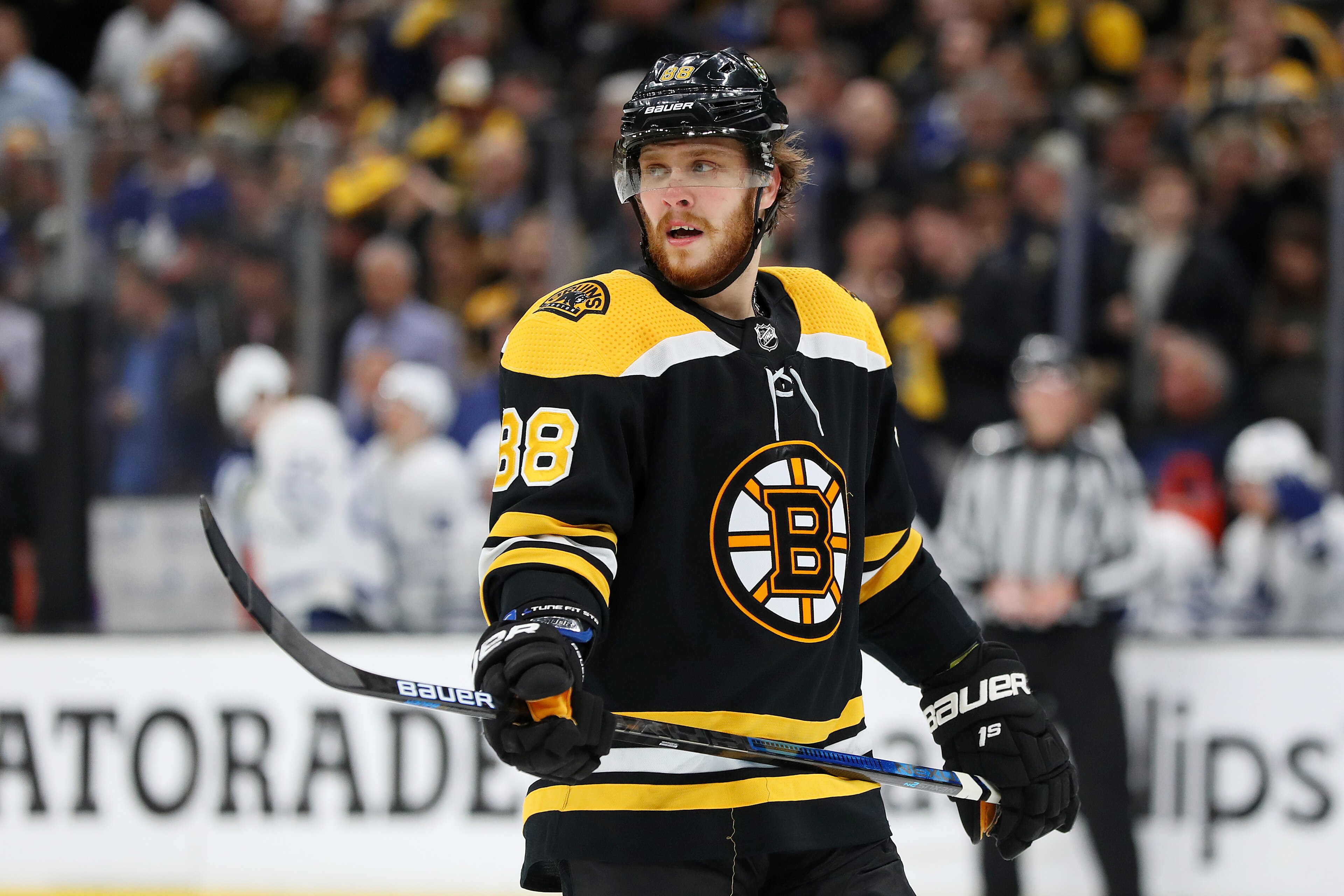 BOSTON, MASSACHUSETTS - APRIL 23: David Pastrnak #88 of the Boston Bruins looks on during the third period of Game Seven of the Eastern Conference First Round against the Toronto Maple Leafs during the 2019 NHL Stanley Cup Playoffs at TD Garden on April 2
