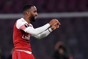 NAPLES, ITALY - APRIL 18: Alexandre Lacazette of Arsenal celebrates scoring his sides first goal during the UEFA Europa League Quarter Final Second Leg match between S.S.C. Napoli and Arsenal at Stadio San Paolo on April 18, 2019 in Naples, Italy. (Photo 