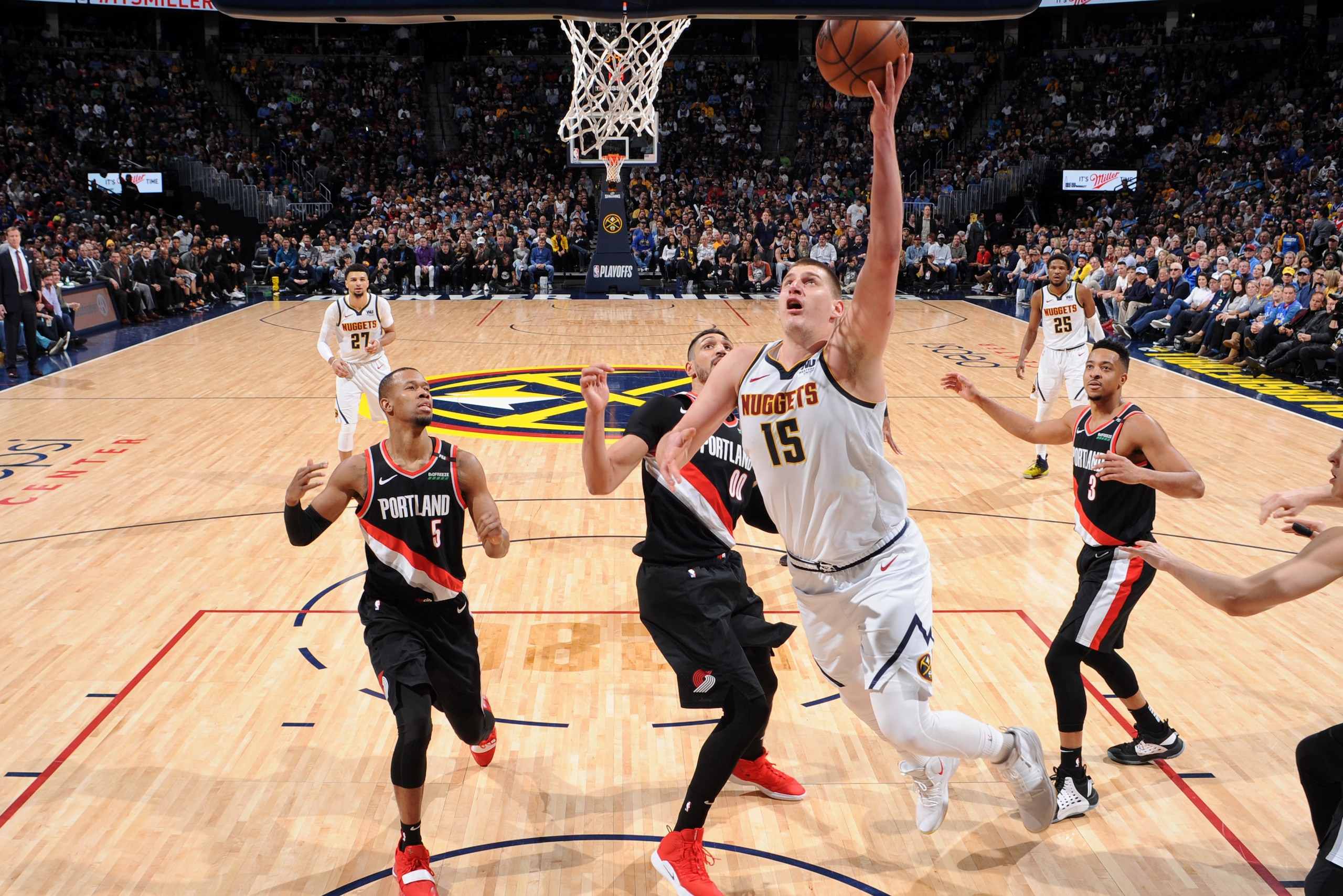 DENVER, CO - APRIL 29: Nikola Jokic #15 of the Denver Nuggets goes to the basket against the Portland Trail Blazers during Game One of the Western Conference Semifinals of the 2019 NBA Playoffs on April 29, 2019 at the Pepsi Center in Denver, Colorado. NO