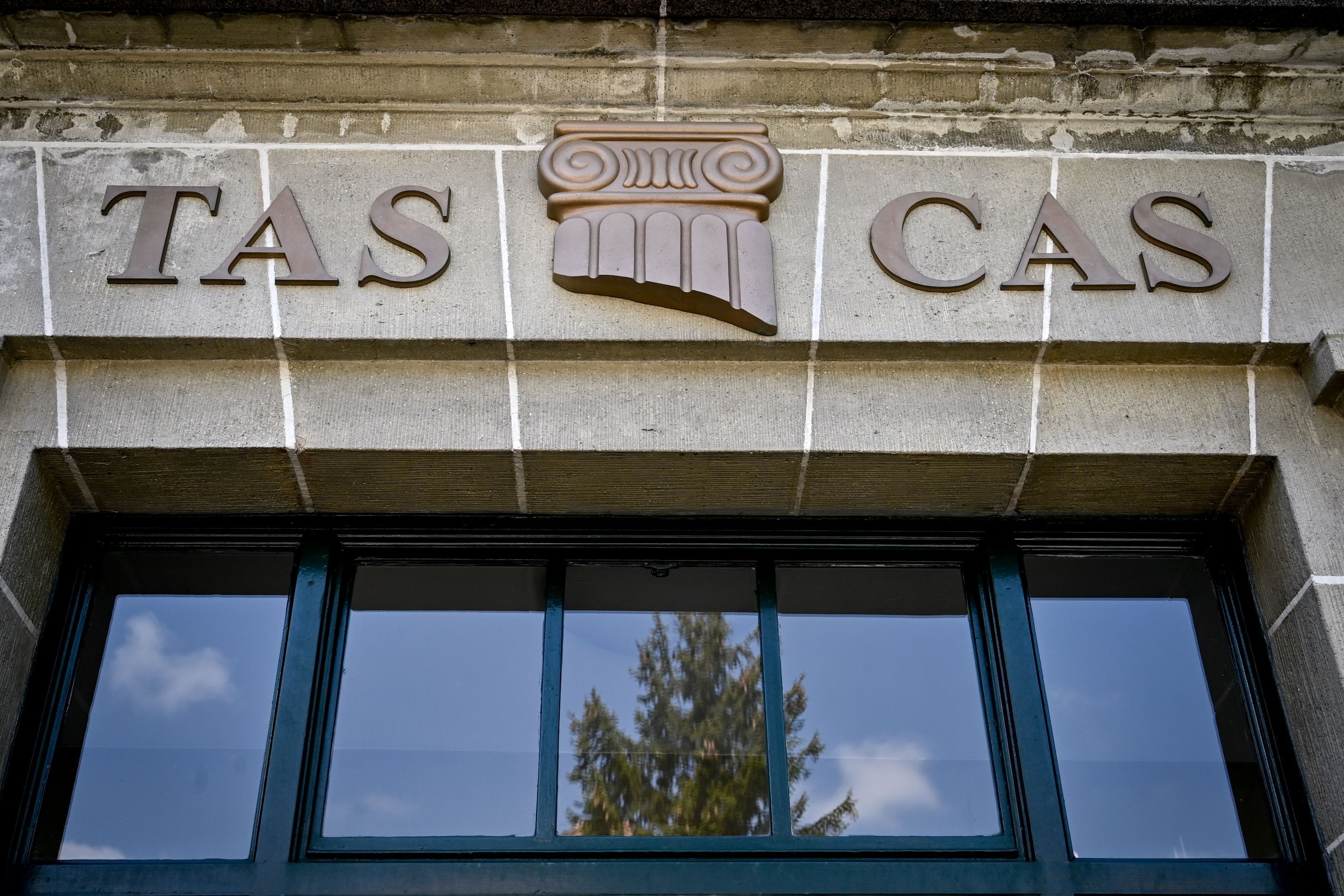 A sign of the Court of Arbitration (CAS) is seen after the verdict in South African double Olympic champion Caster Semenya's appeal against International Association of Athletics Federations (IAAF) testosterone rules on May 1, 2019 in Lausanne. - The Cour