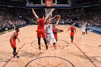 DENVER, CO - MAY 1: Nikola Jokic #15 of the Denver Nuggets goes to the basket against the Portland Trail Blazers during Game Two of the Western Conference Semifinals of the 2019 NBA Playoffs on May 1, 2019 at the Pepsi Center in Denver, Colorado. NOTE TO 