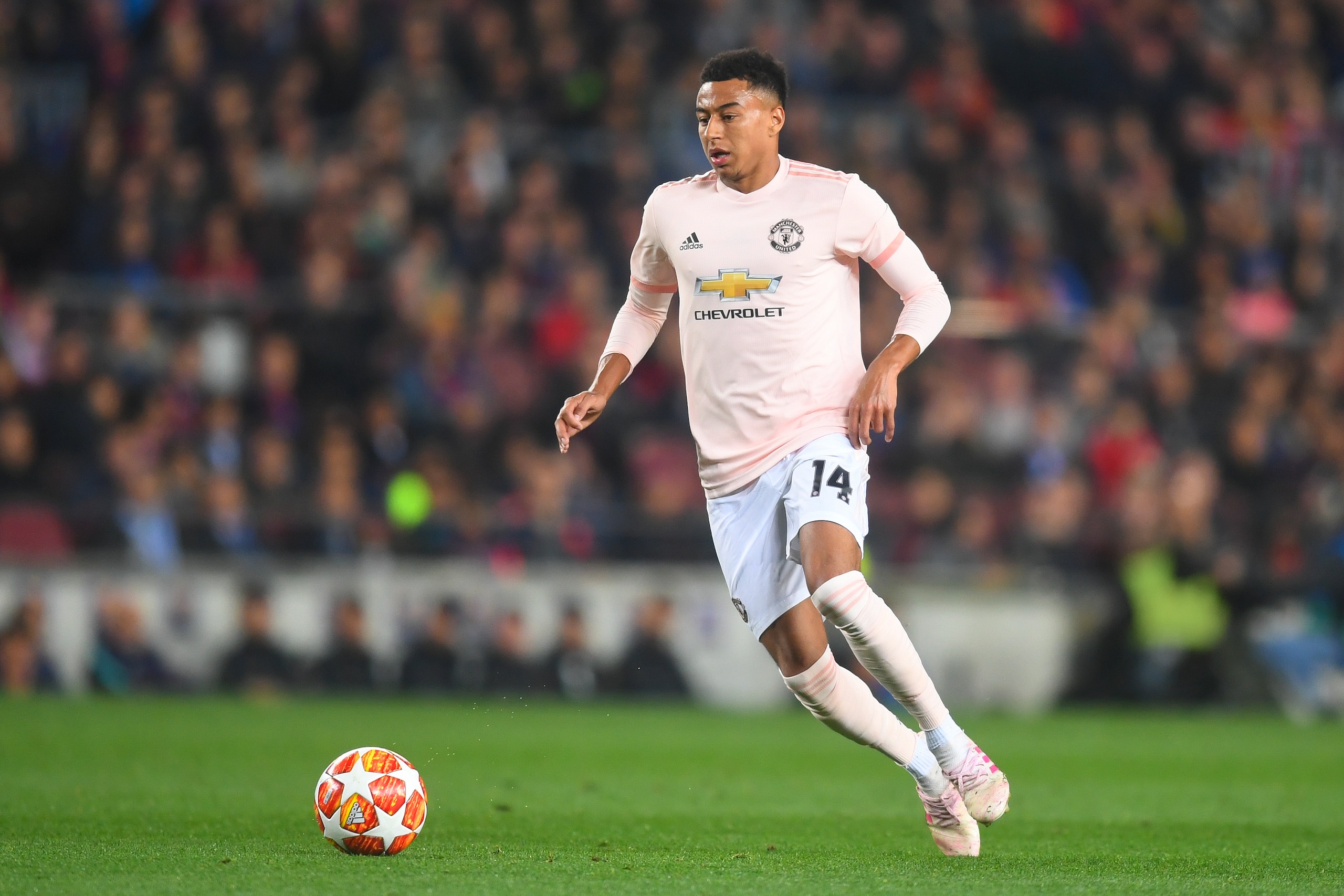 BARCELONA, SPAIN - APRIL 16: Jesse Lingard of Manchester United in action during the UEFA Champions League Quarter Final second leg match between FC Barcelona and Manchester United at Camp Nou on April 16, 2019 in Barcelona, Spain. (Photo by Michael Regan