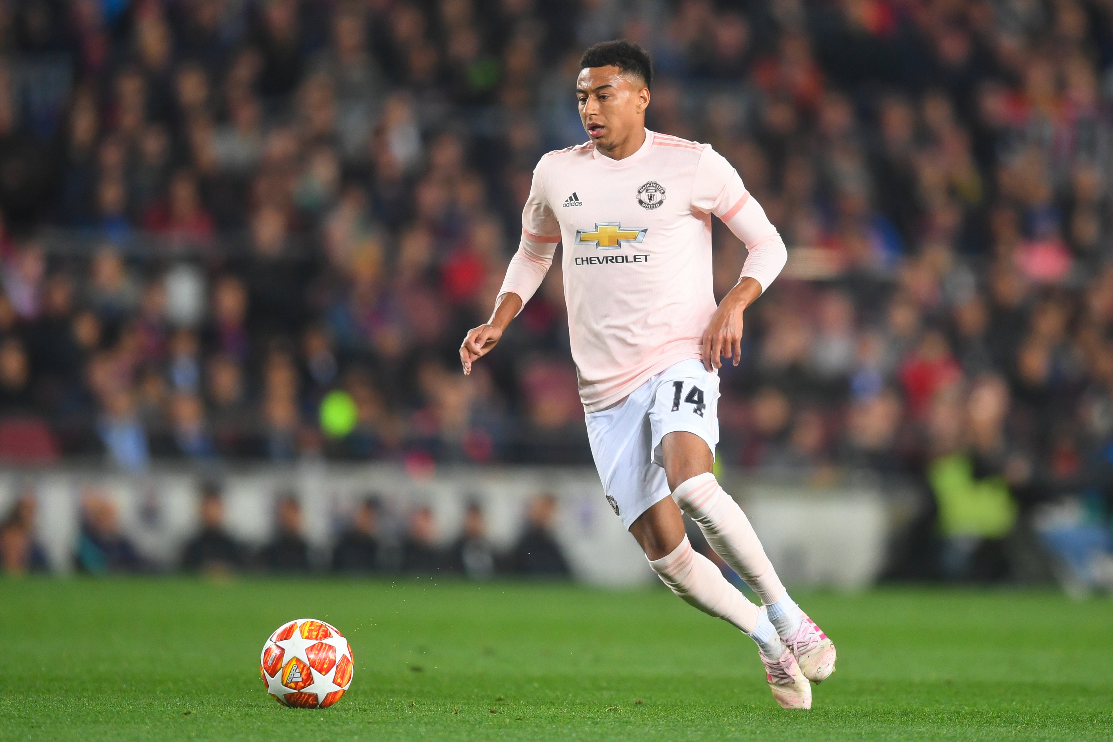 BARCELONA, SPAIN - APRIL 16: Jesse Lingard of Manchester United in action during the UEFA Champions League Quarter Final second leg match between FC Barcelona and Manchester United at Camp Nou on April 16, 2019 in Barcelona, Spain. (Photo by Michael Regan
