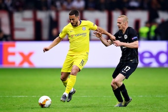 FRANKFURT AM MAIN, GERMANY - MAY 02: Eden Hazard of Chelsea is challenged by Sebastian Rode of Eintracht Frankfurt during the UEFA Europa League Semi Final First Leg match between Eintracht Frankfurt and Chelsea at Commerzbank-Arena on May 02, 2019 in Fra FRANKFURT AM MAIN, GERMANY - MAY 02: Eden Hazard of Chelsea is challenged by Sebastian Rode of Eintracht Frankfurt during the UEFA Europa League Semi Final First Leg match between Eintracht Frankfurt and Chelsea at Commerzbank-Arena on May 02, 2019 in Fra