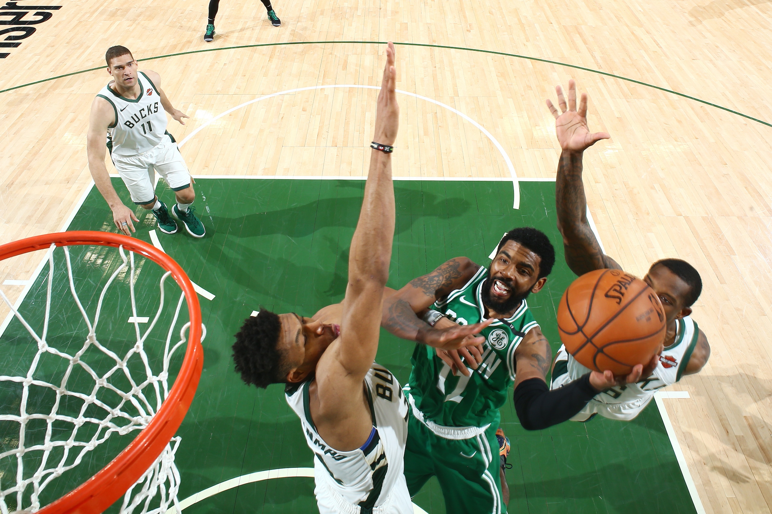 MILWAUKEE, WI - APRIL 30: Kyrie Irving #11 of the Boston Celtics shoots the ball against the Milwaukee Bucks during Game Two of the Eastern Conference Semi Finals of the 2019 NBA Playoffs on April 30, 2019 at the Fiserv Forum Center in Milwaukee, Wisconsi