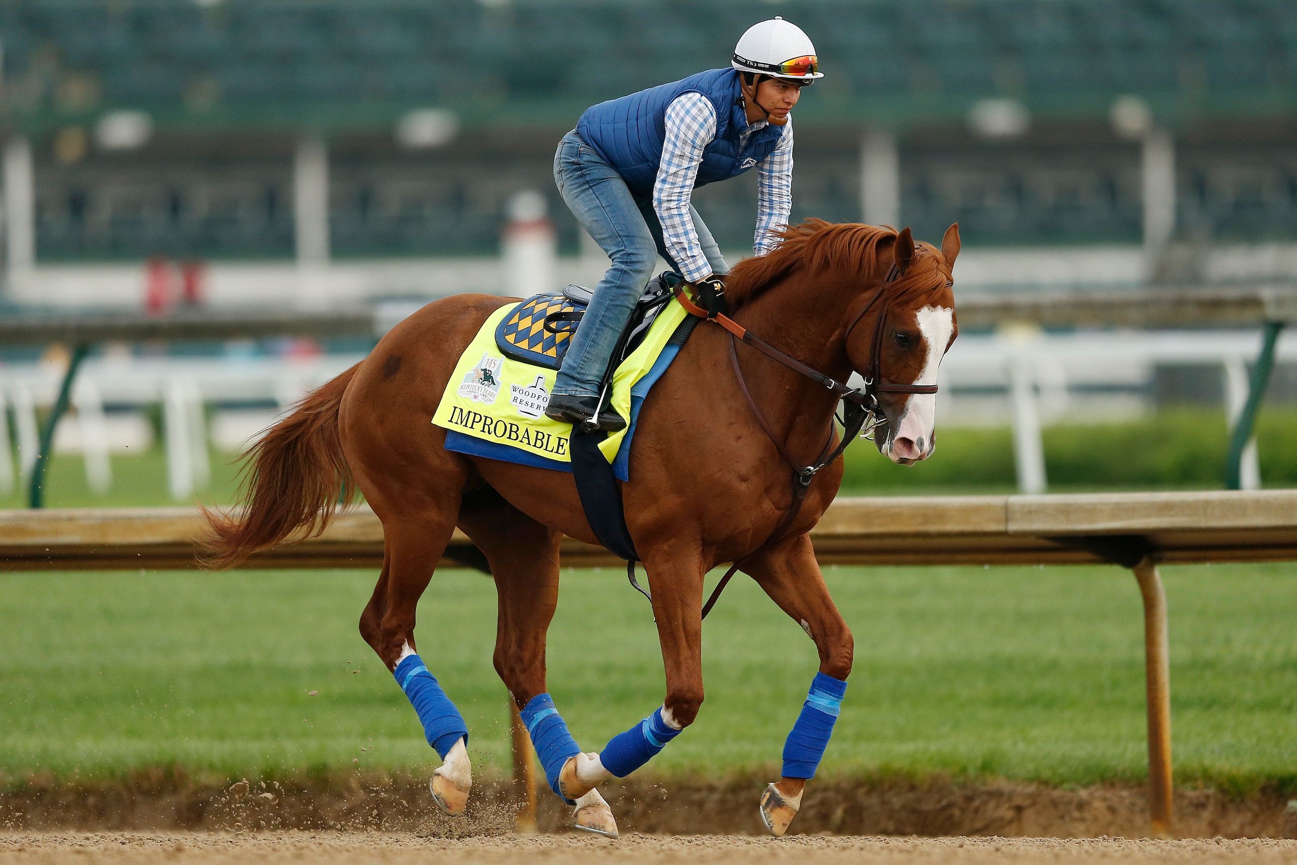 LOUISVILLE, KENTUCKY - MAY 02:  Improbable trains on the track during morning workouts in preparation for the 145th running of the Kentucky Derby at Churchill Downs on May 2, 2019 in Louisville, Kentucky. (Photo by Michael Reaves/Getty Images)