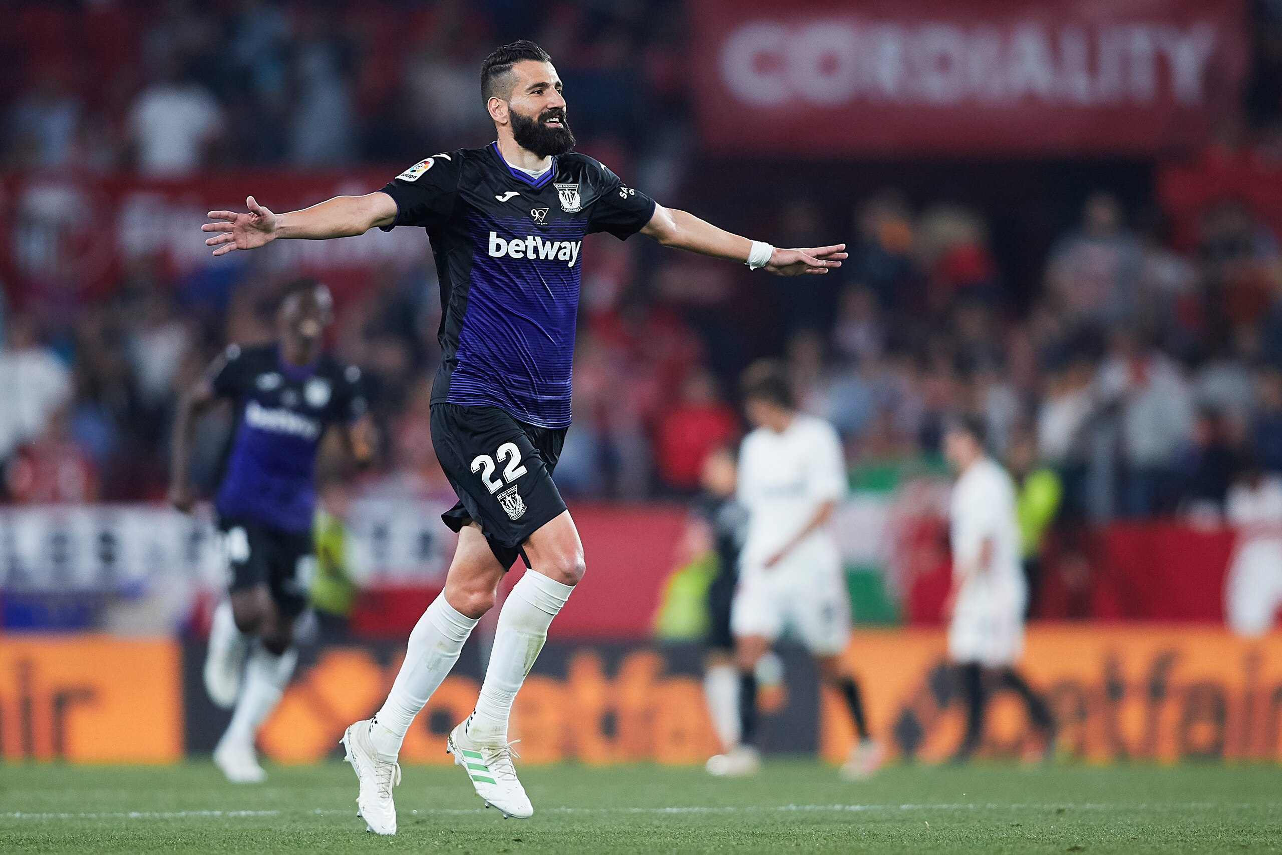 SEVILLE, SPAIN - MAY 03: Dimitrios Siovas of CD Leganes celebrates his team's third goal scored by Óscar Rodríguez (not in frame) during the La Liga match between Sevilla FC and CD Leganes at Estadio Ramon Sanchez Pizjuan on May 03, 2019 in Seville, Spain