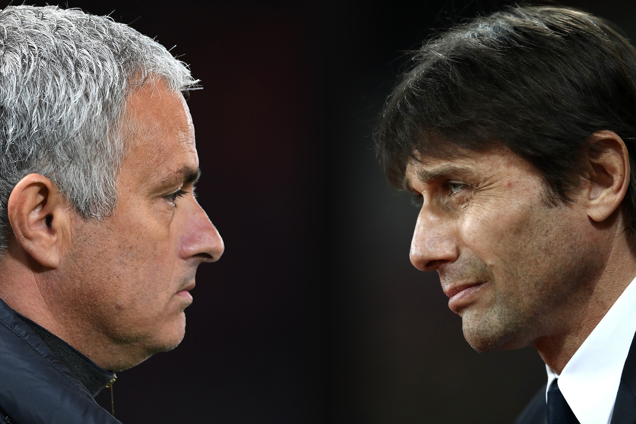 FILE PHOTO (EDITORS NOTE: GRADIENT ADDED - COMPOSITE OF TWO IMAGES - Image numbers (L) 615867896 and 648790080) In this composite image a comparision has been made between Jose Mourinho,Manager of Manchester United (L) and Antonio Conte, Manager of Chelse