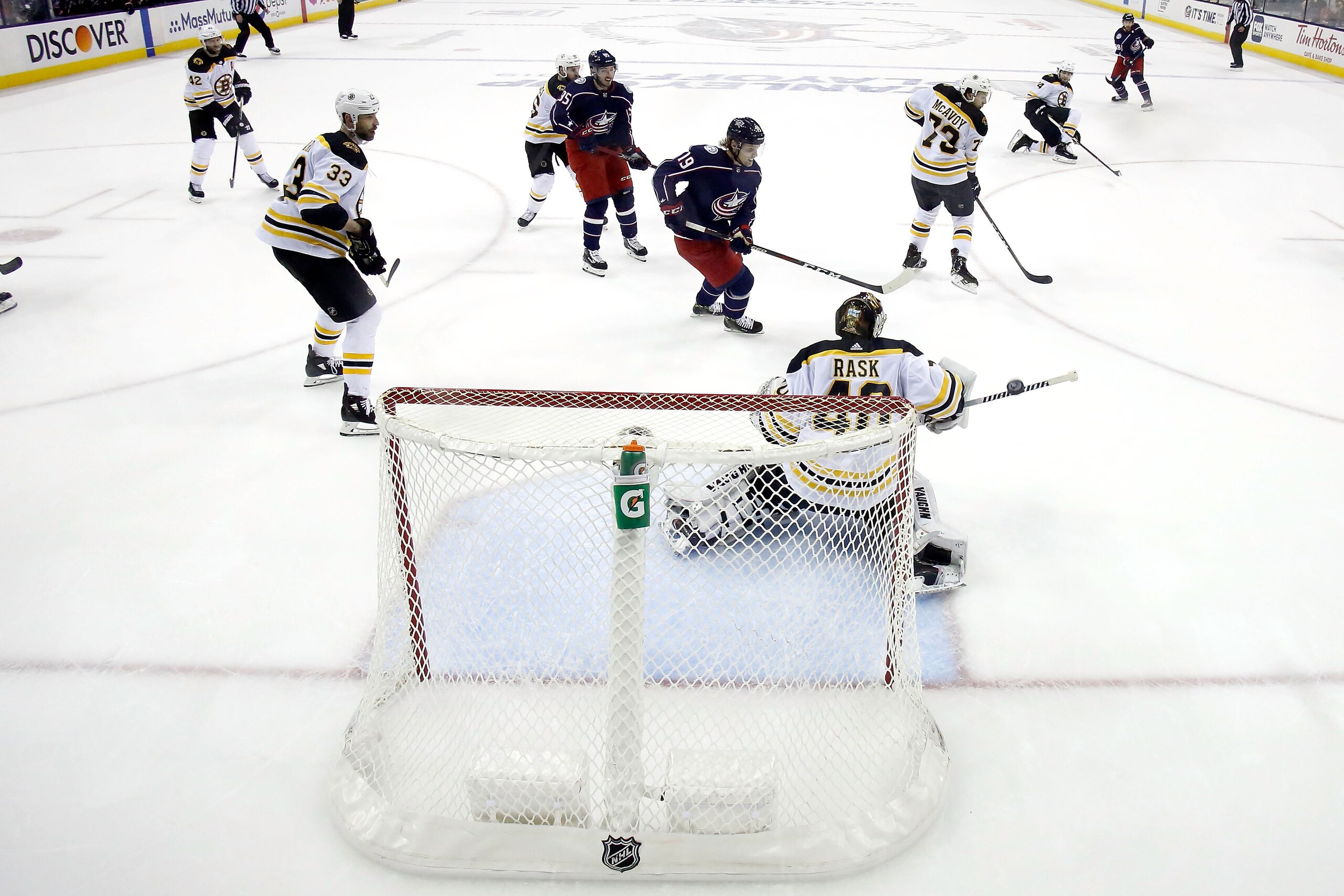 COLUMBUS, OH - MAY 6:  Tuukka Rask #40 of the Boston Bruins stops a shot during the second period against the Columbus Blue Jackets in Game Six of the Eastern Conference Second Round during the 2019 NHL Stanley Cup Playoffs on May 6, 2019 at Nationwide Ar