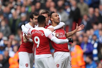 LONDON, ENGLAND - MAY 05: Pierre-Emerick Aubameyang of Arsenal celebrates after scoring a goal to make it 1-0 during the Premier League match between Arsenal FC and Brighton & Hove Albion at Emirates Stadium on May 5, 2019 in London, United Kingdom. (Phot