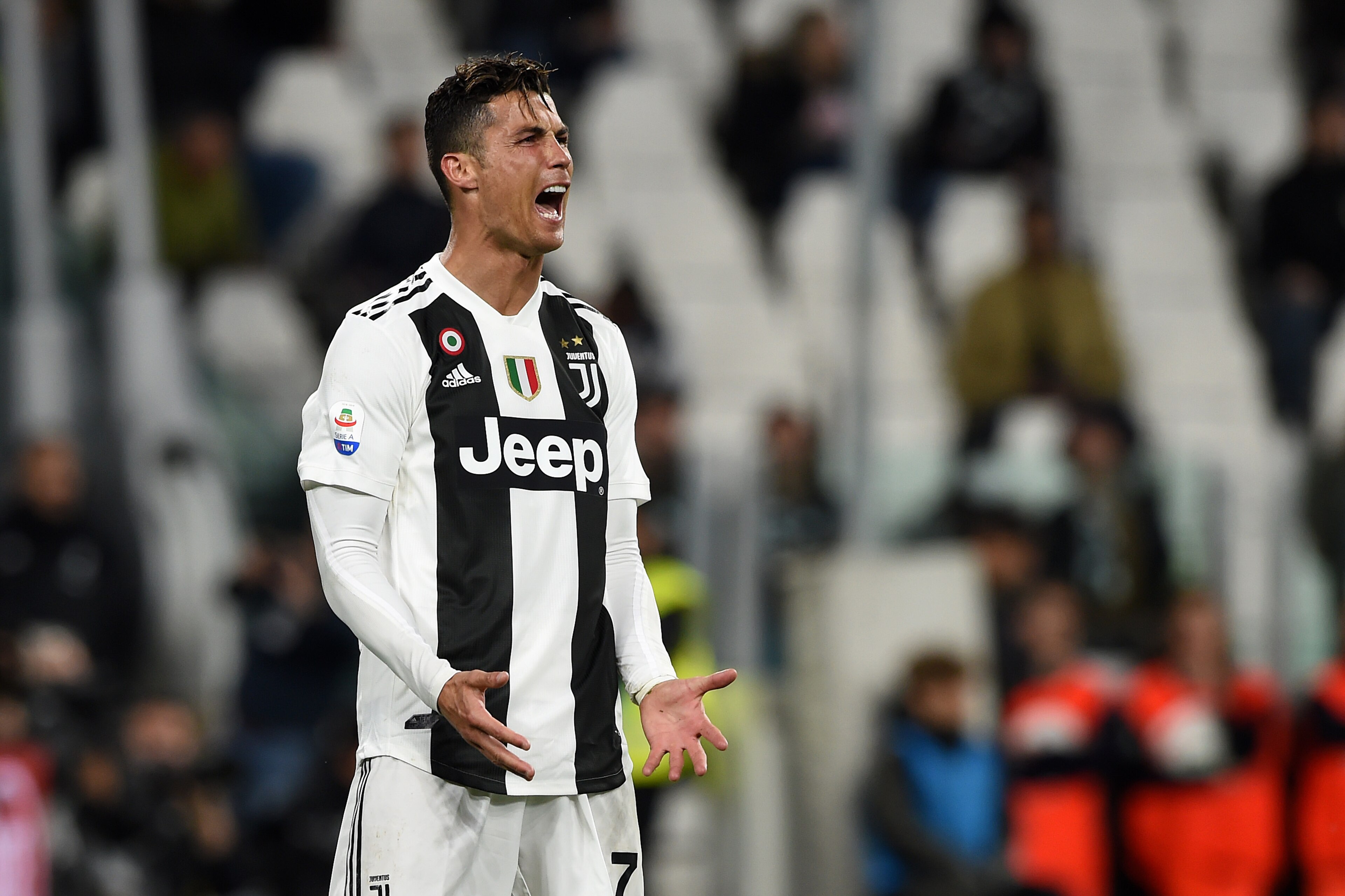 TURIN, ITALY - MAY 03: Cristiano Ronaldo of Juventus reacts in frustration during the Serie A match between Juventus and Torino FC at Allianz Stadium on May 3, 2019 in Turin, Italy. (Photo by Chris Ricco/Getty Images)