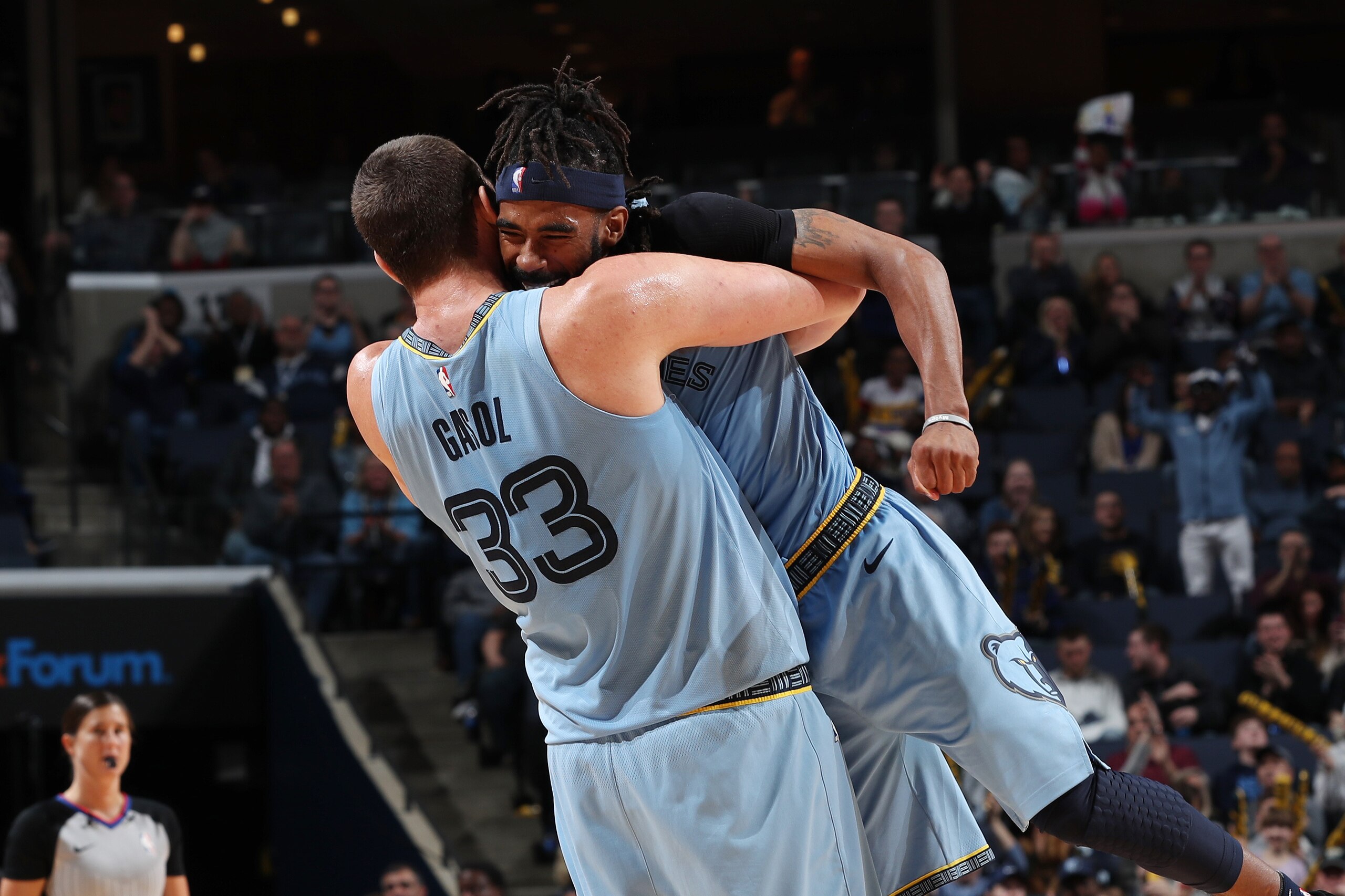 MEMPHIS, TN - JANUARY 26:  Marc Gasol #33  reacts with Mike Conley #11 of the Memphis Grizzlies against the Indiana Pacers on January 26, 2019 at FedExForum in Memphis, Tennessee. NOTE TO USER: User expressly acknowledges and agrees that, by downloading a