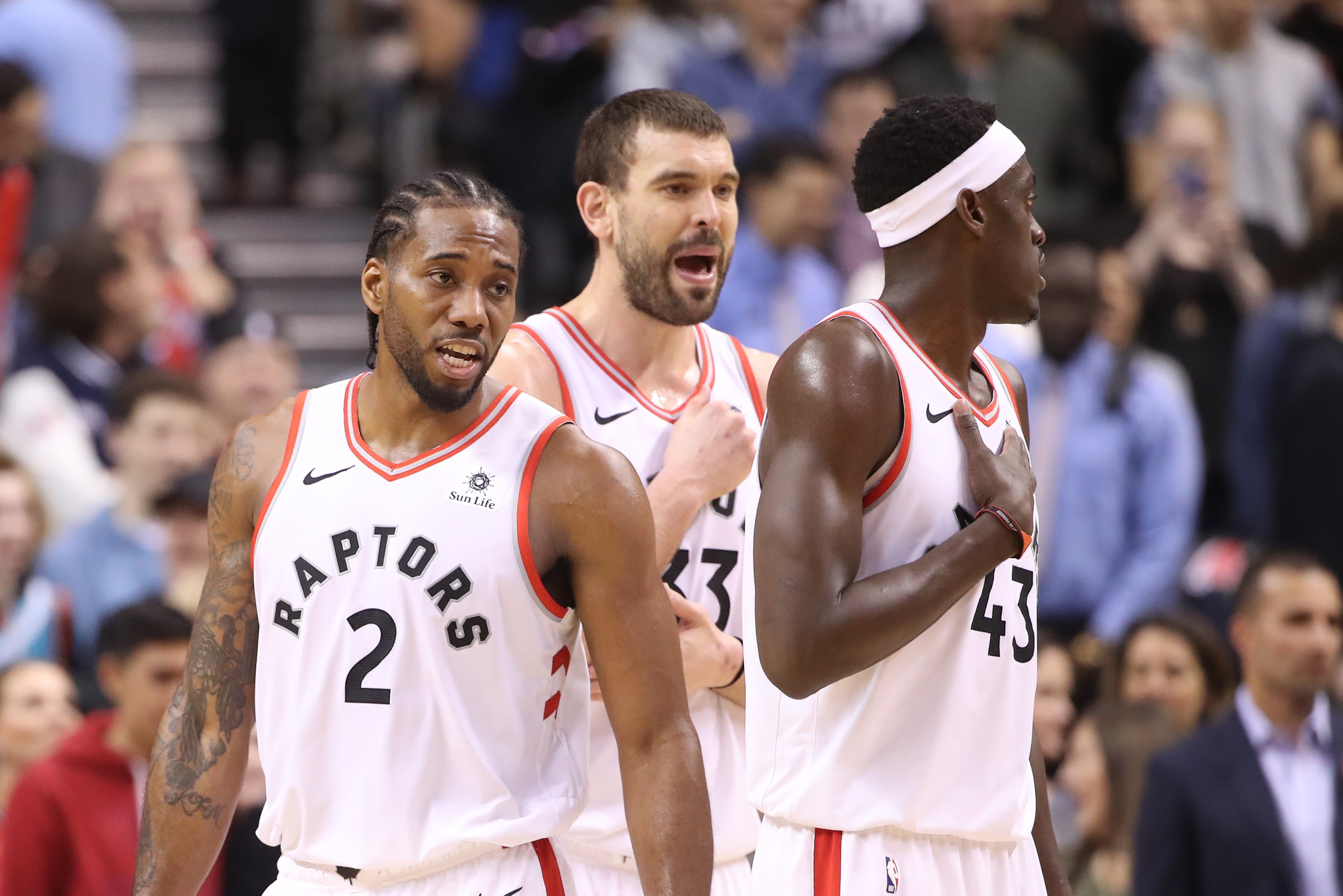 TORONTO, ON - APRIL 07: Kawhi Leonard #2 of the Toronto Raptors and Marc Gasol #3 and Pascal Siakam #43 get ready against the Miami Heat at Scotiabank Arena on April 7, 2019 in Toronto, Canada. NOTE TO USER: User expressly acknowledges and agrees that, by