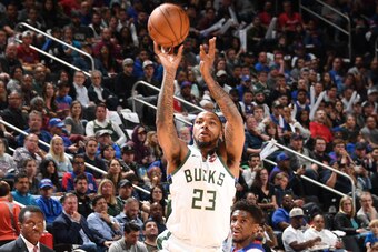 DETROIT, MI - APRIL 22: Sterling Brown #23 of the Milwaukee Bucks shoots the ball against the Detroit Pistons  during Game Four of Round One of the 2019 NBA Playoffs on April 22, 2019 at Little Caesars Arena in Detroit, Michigan. NOTE TO USER: User expres