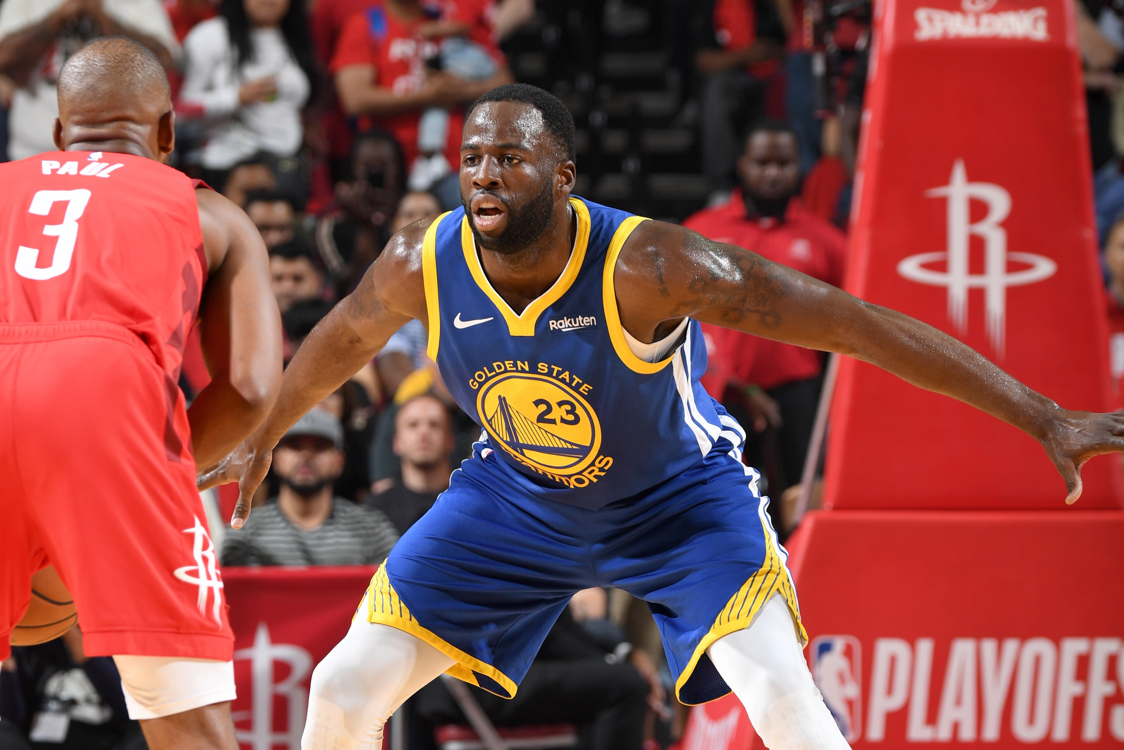 HOUSTON, TX - MAY 6: Draymond Green #23 of the Golden State Warriors plays defense against the Houston Rockets during Game Four of the Western Conference Semifinals of the 2019 NBA Playoffs on May 6, 2019 at the Toyota Center in Houston, Texas. NOTE TO US