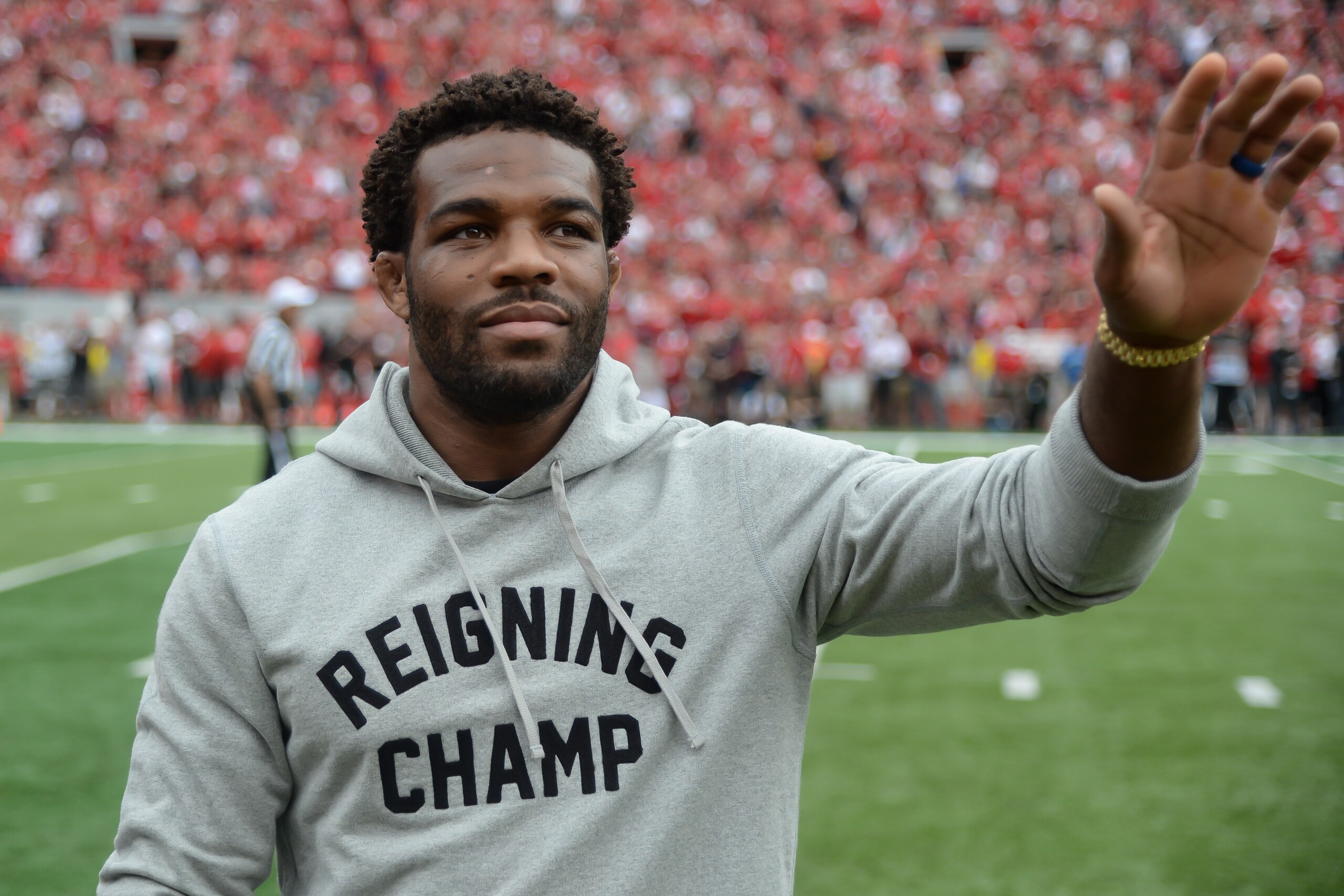 LINCOLN, NE - SEPTEMBER 08: Former wrestler Jordan Burroughs of the Nebraska Cornhuskers was honored during the game against the Colorado Buffaloes at Memorial Stadium on September 8, 2018 in Lincoln, Nebraska. (Photo by Steven Branscombe/Getty Images)