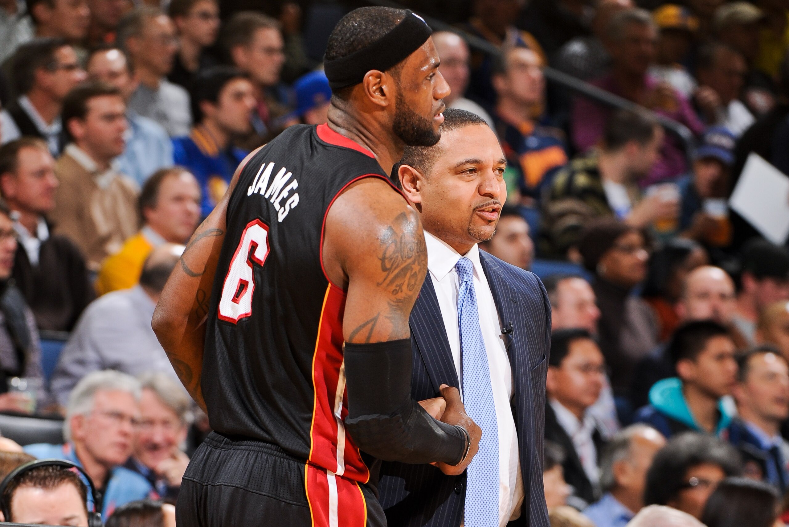 OAKLAND, CA - JANUARY 16: LeBron James #6 of the Miami Heat greets Head Coach Mark Jackson of the Golden State Warriors during their game on January 16, 2013 at Oracle Arena in Oakland, California. NOTE TO USER: User expressly acknowledges and agrees that