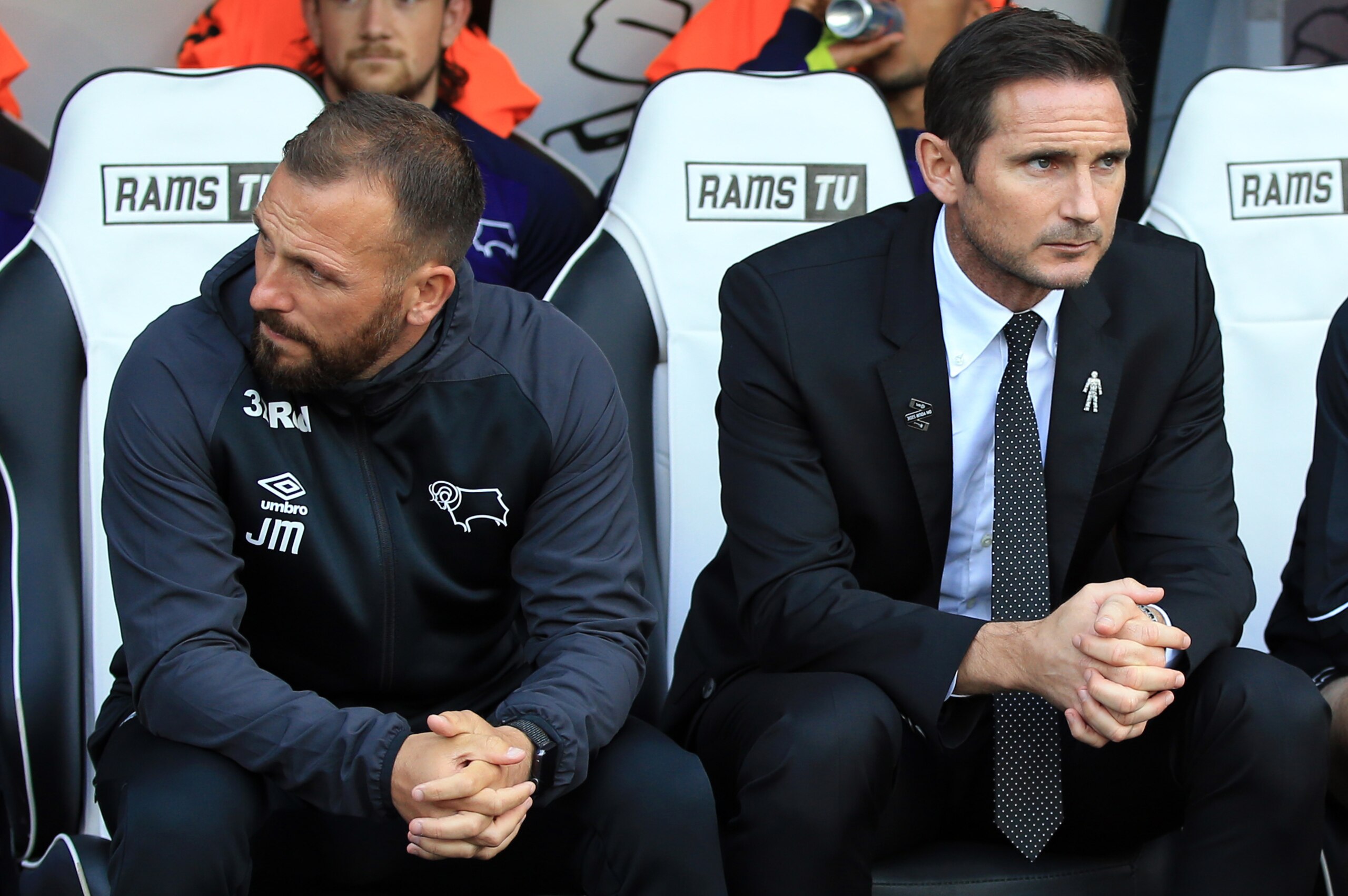 DERBY, ENGLAND - AUGUST 25: Frank Lampard manager of Derby County (C) flanked by Assistant manager Jody Morris (L) and First Team Coach Chris Jones (R) during the Sky Bet Championship match between Derby County and Preston North End at Pride Park Stadium 