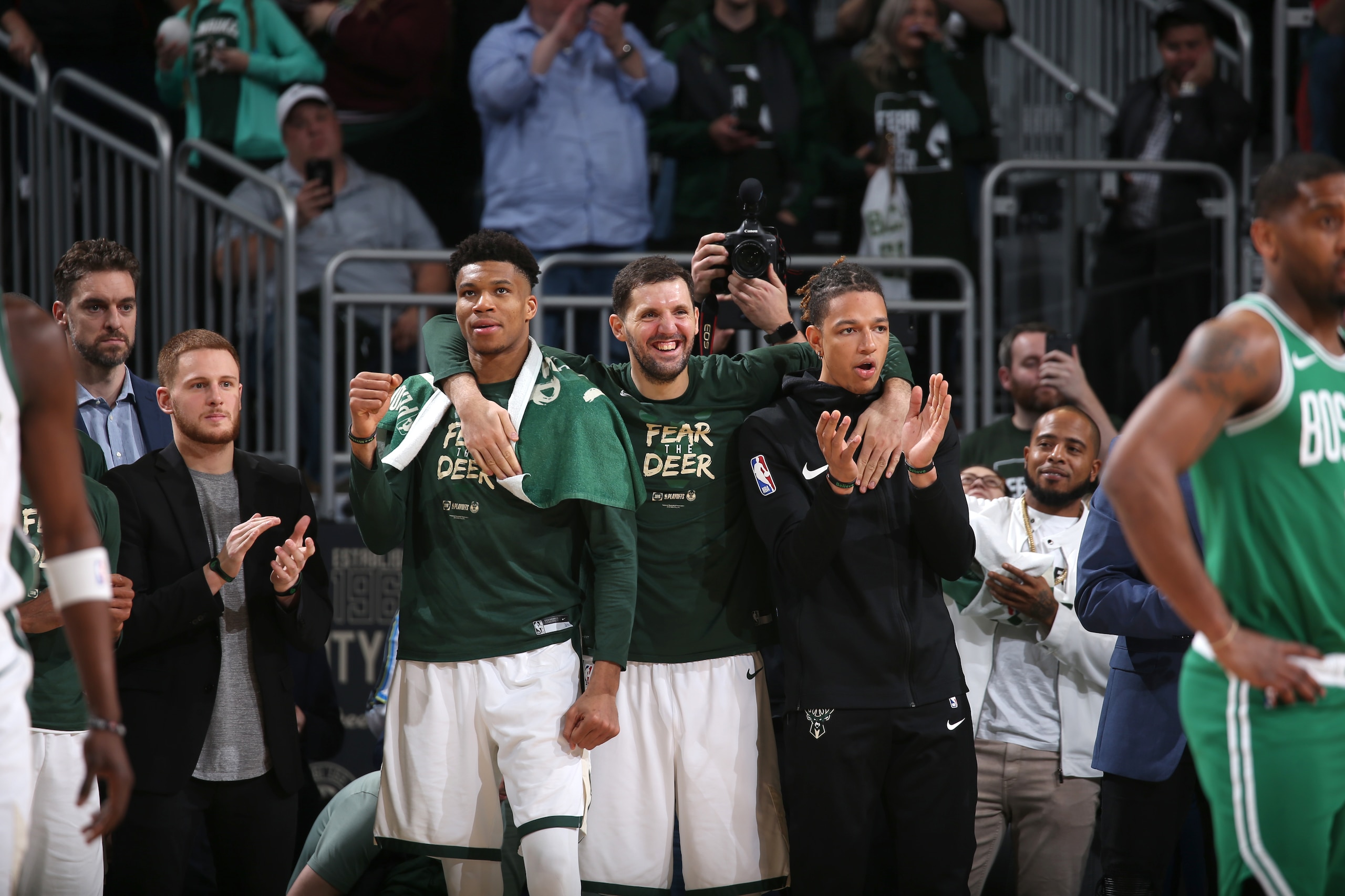 MILWAUKEE, WI - MAY 8: Giannis Antetokounmpo #34, Nikola Mirotic #41, and D.J. Wilson #5 of the Milwaukee Bucks look on against the Boston Celtics during Game Five of the Eastern Conference Semifinals of the 2019 NBA Playoffs on May 8, 2019 at the Fiserv 