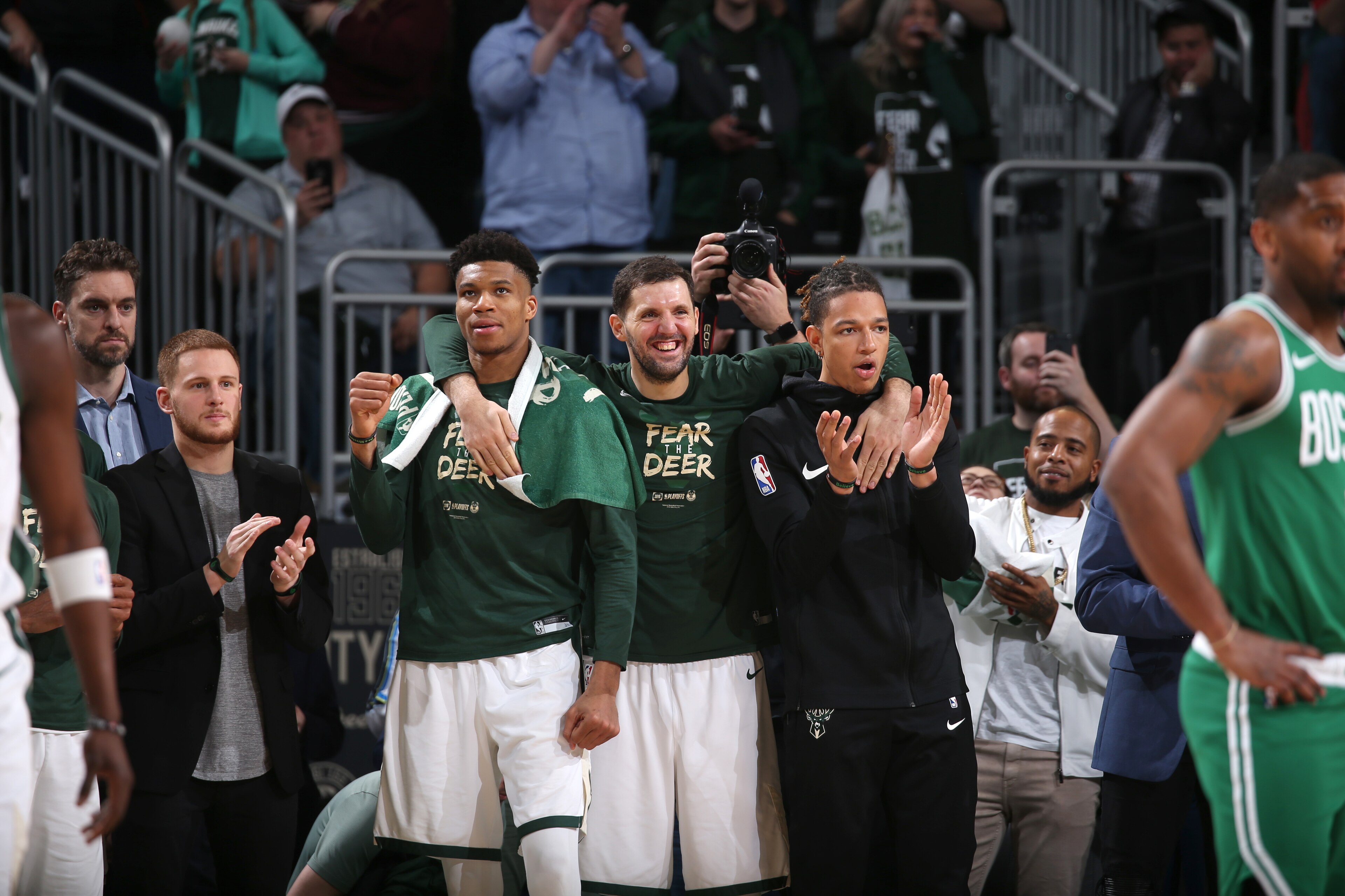 MILWAUKEE, WI - MAY 8: Giannis Antetokounmpo #34, Nikola Mirotic #41, and D.J. Wilson #5 of the Milwaukee Bucks look on against the Boston Celtics during Game Five of the Eastern Conference Semifinals of the 2019 NBA Playoffs on May 8, 2019 at the Fiserv 