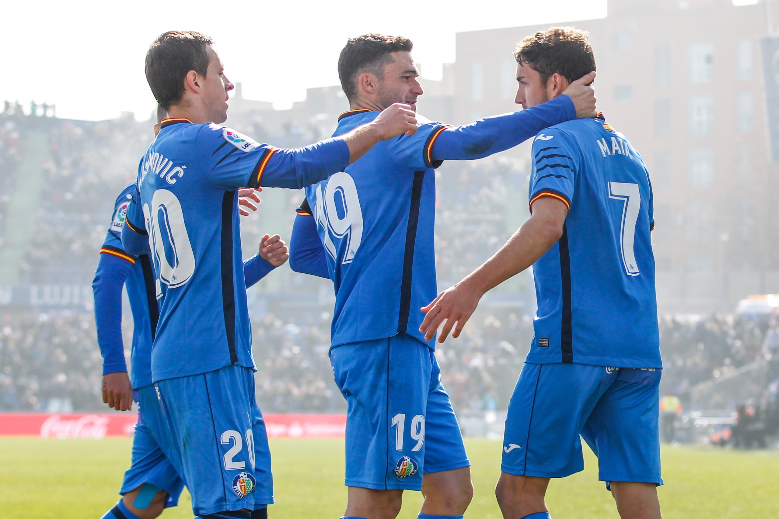 GETAFTE, SPAIN - FEBRUARY 9: (L-R) Nemanja Maksimovic of Getafe CF, Jorge Molina of Getafe CF, Jaime Mata of Getafe CF,  during the La Liga Santander  match between Getafe v Celta de Vigo at the Coliseum Alfonso Perez on February 9, 2019 in Getafte Spain 